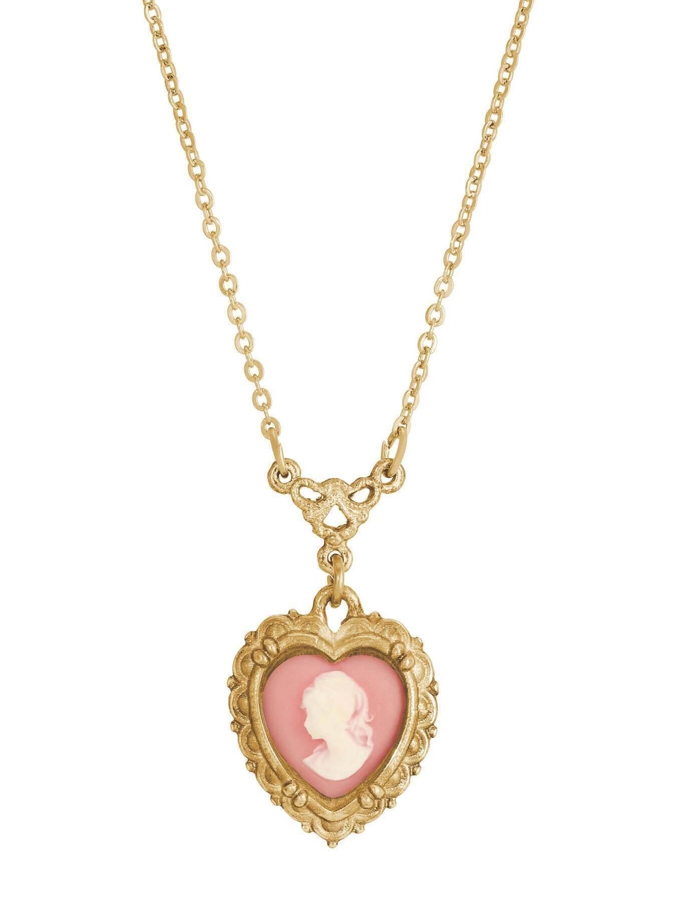 1928 Jewelry Pink Heart Cameo Pendant Necklace 16" + 3" Extender