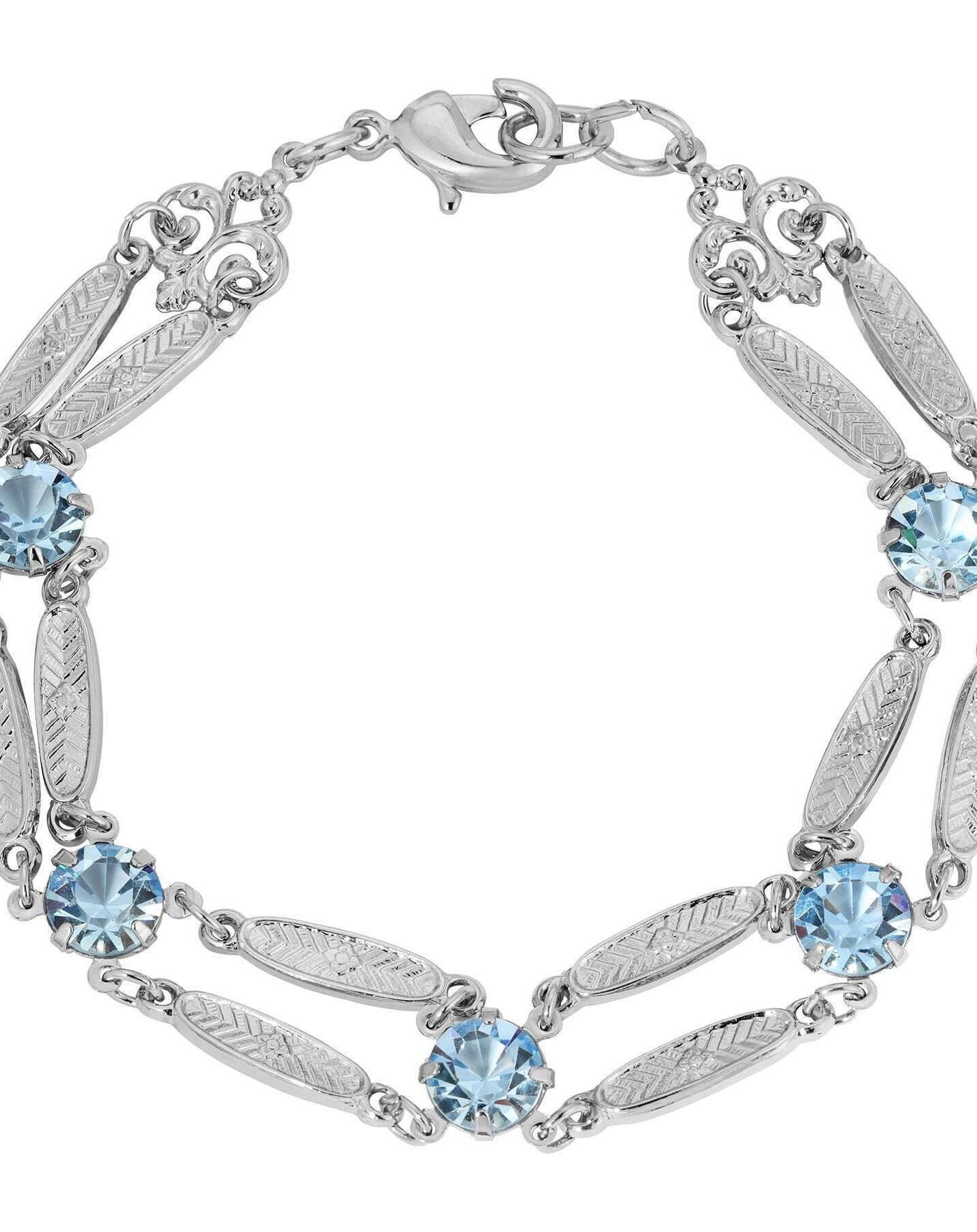 1928 Jewelry Textured Flower Link Light Sapphire Blue Crystal Filigree Bracelet