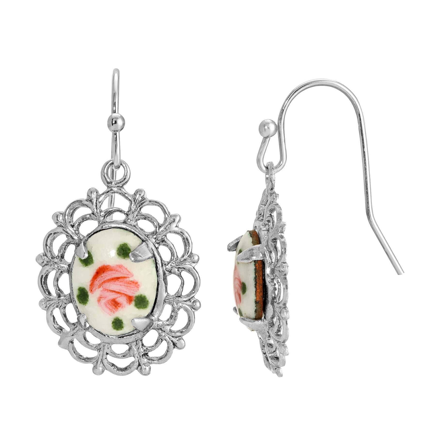 1928 Jewelry Oval Filigree Artisan Pink Flower Stone Drop Earrings