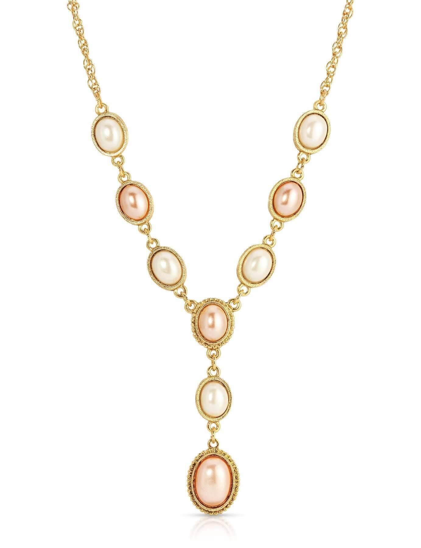 1928 Jewelry Rosabella Oval Raspberry & White Faux Pearl Y- Necklace 16" + 3" Extender