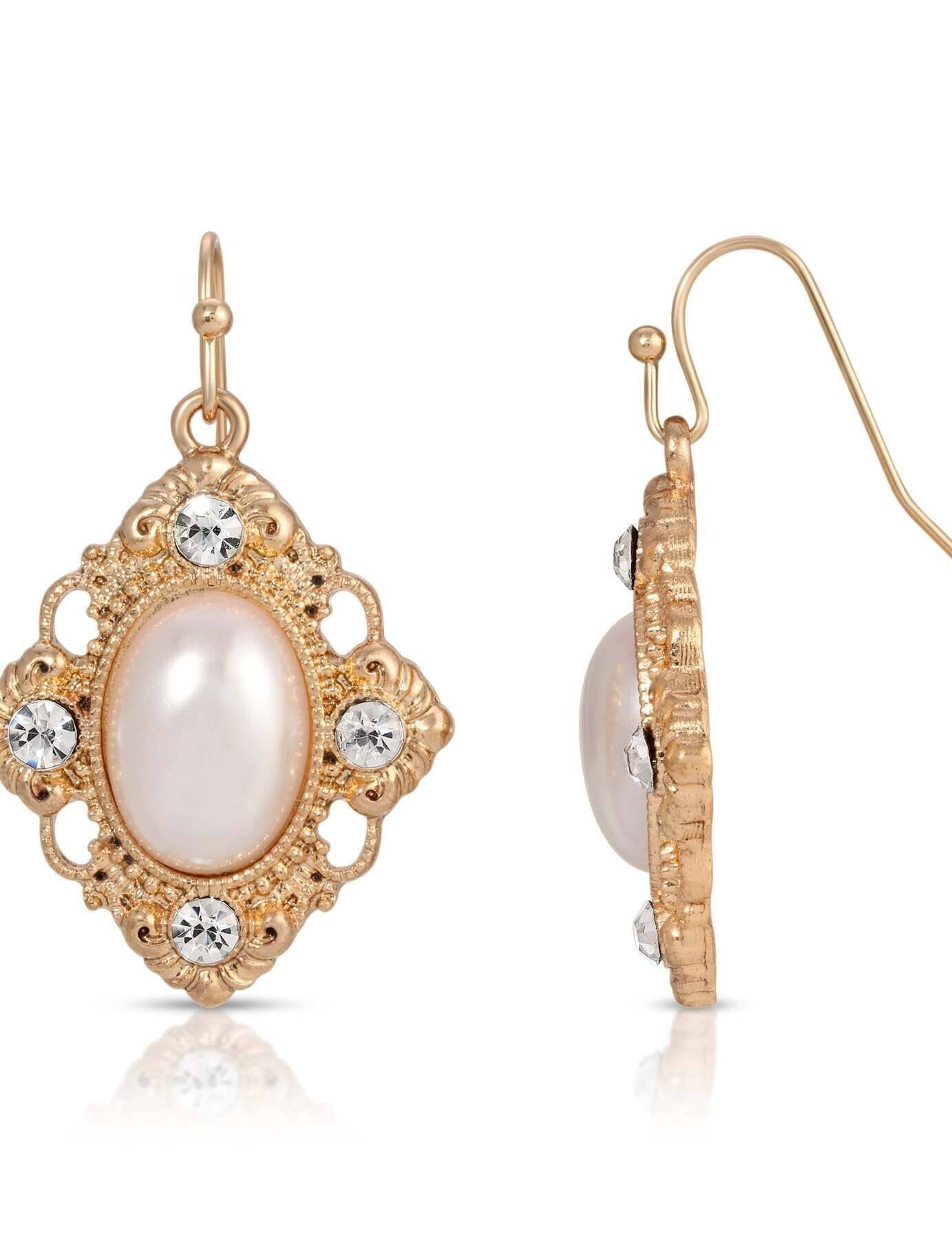 1928 Jewelry Diamond Filigree Faux Pearl Drop Earrings