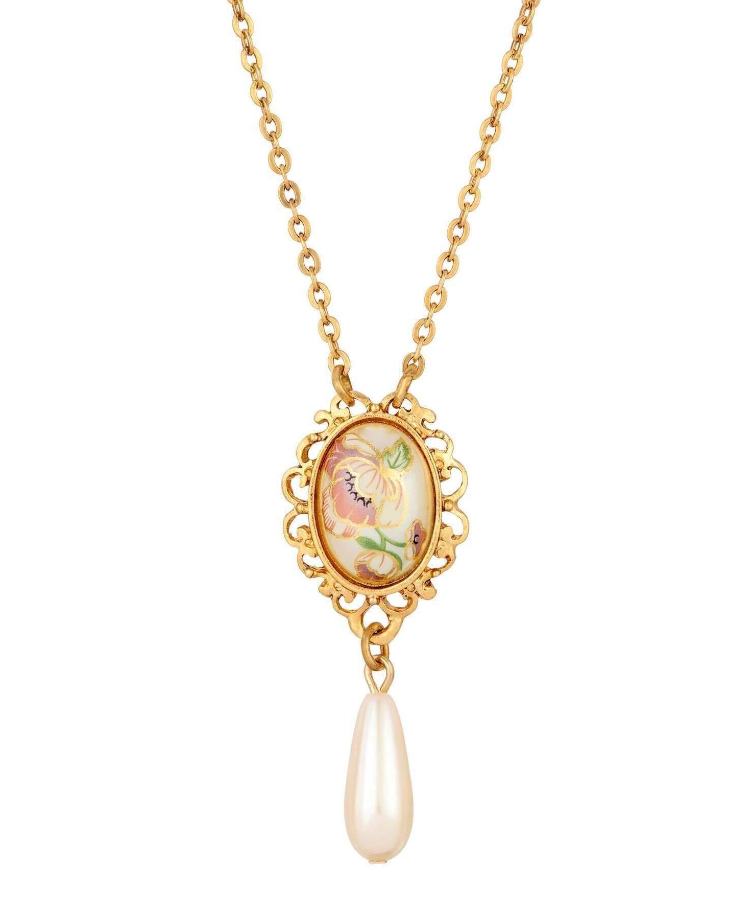 1928 Jewelry Filigree Floral Pendant Faux Pearl Teardrop Necklace 16" + 3" Extender