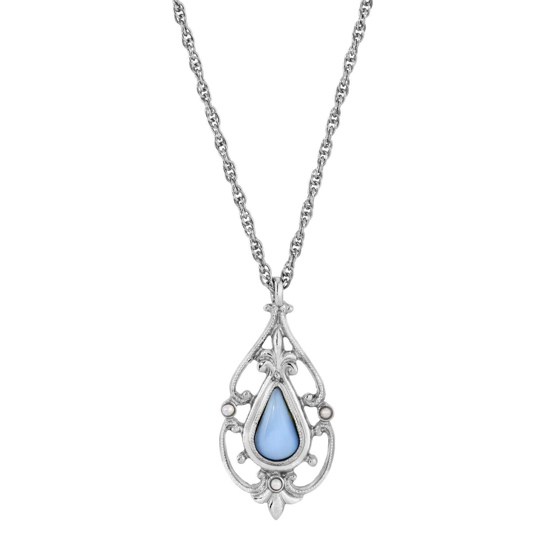 1928 Jewelry Faux Blue Moonstone Teardrop Fleur De Lis Pendant Necklace 16" + 3 " Extender