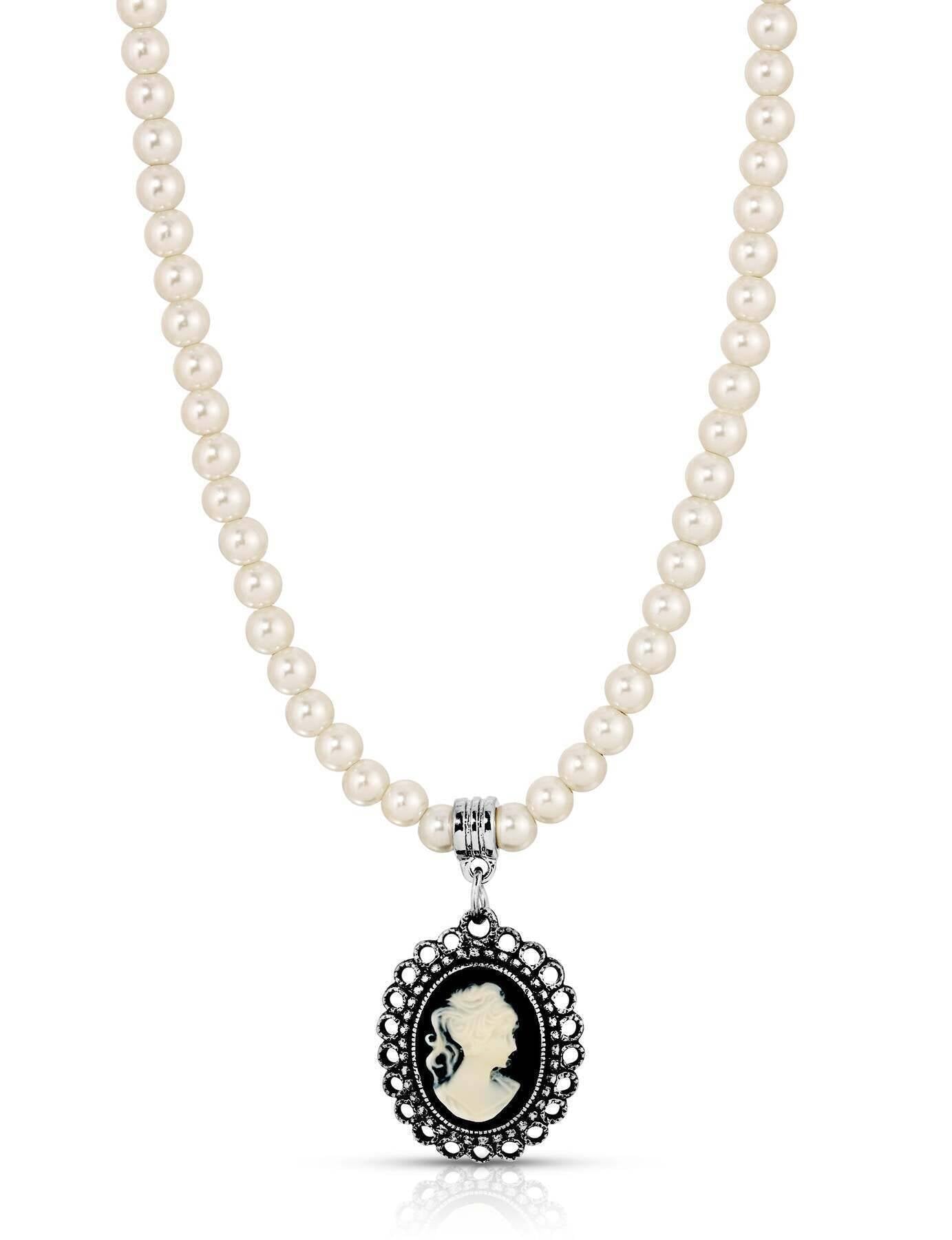 1928 Jewelry Black & White Cameo Pendant 4mm Faux Pearl Strand Necklace Necklace 15" + 3" Extension