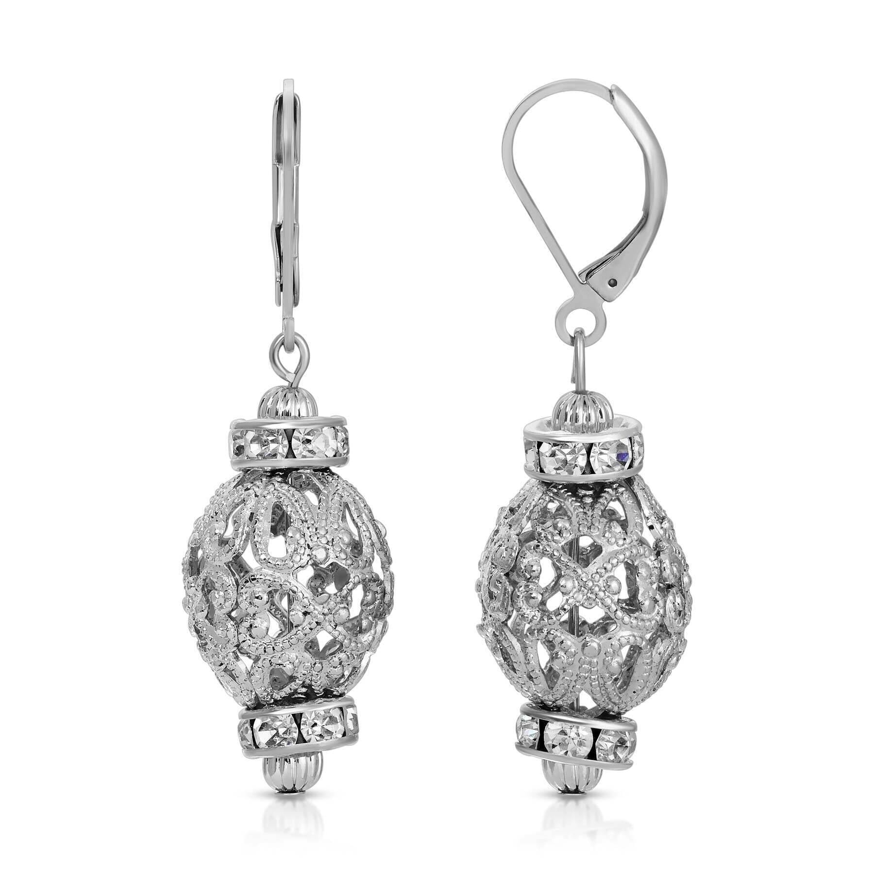 1928 Jewelry Rondelle Crystal Beaded Oval Filigree Puff Drop Earrings