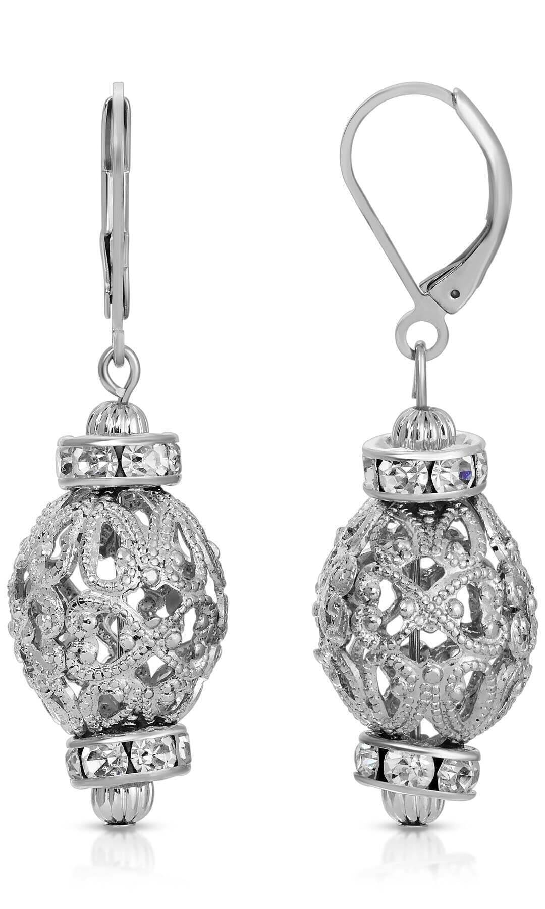 1928 Jewelry Rondelle Crystal Beaded Oval Filigree Puff Drop Earrings