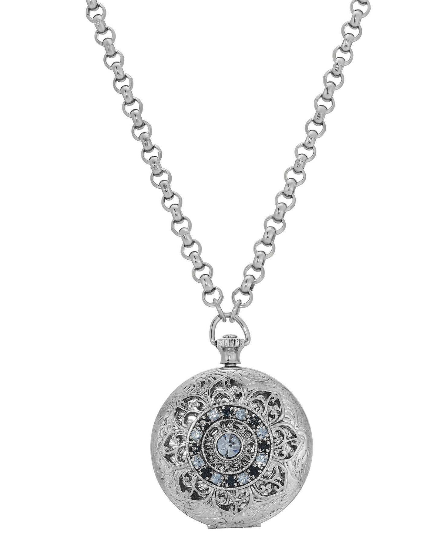 1928 Jewelry Deco Lux Crystal Pocket Watch Locket Necklace 28"