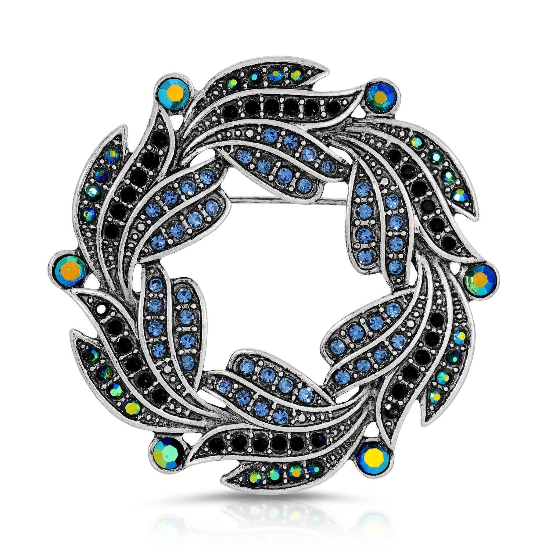 Regency Giovane Iridescent AB Crystal & Blue Stone Wreath Brooch