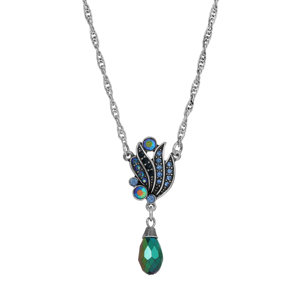 Giovane Iridescent AB & Blue Stone Drop Necklace 16" + 3" Extender