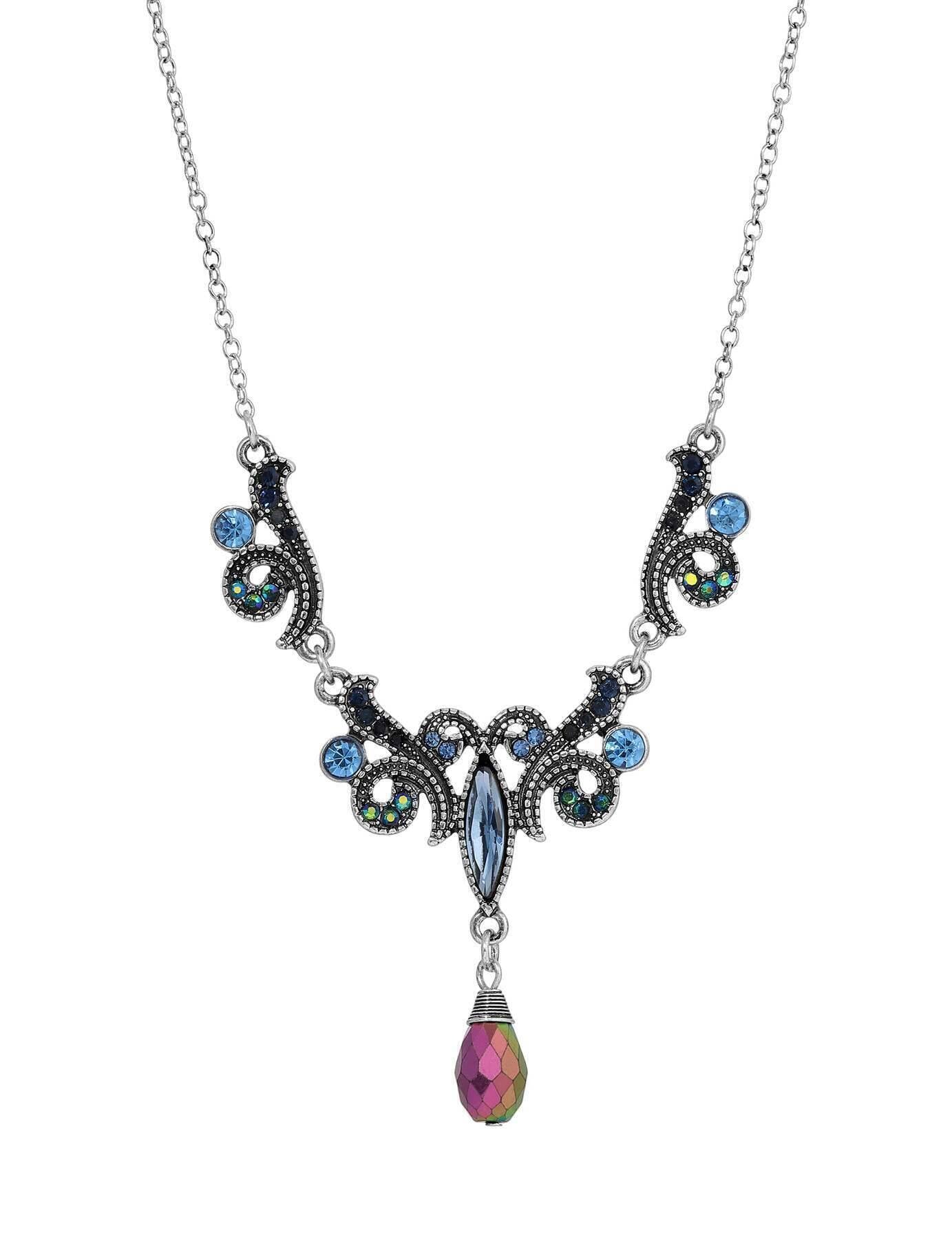 Regency Giovane Iridescent AB Crystal & Blue Stone Drop Pendant Necklace 16" + 3" Extender