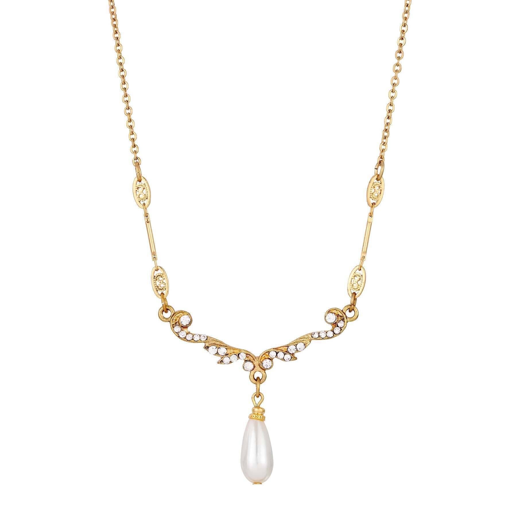 1928 Jewelry Belle Epoch Faux Pearl Teardrop Crystal Necklace 16" + 3" Extender