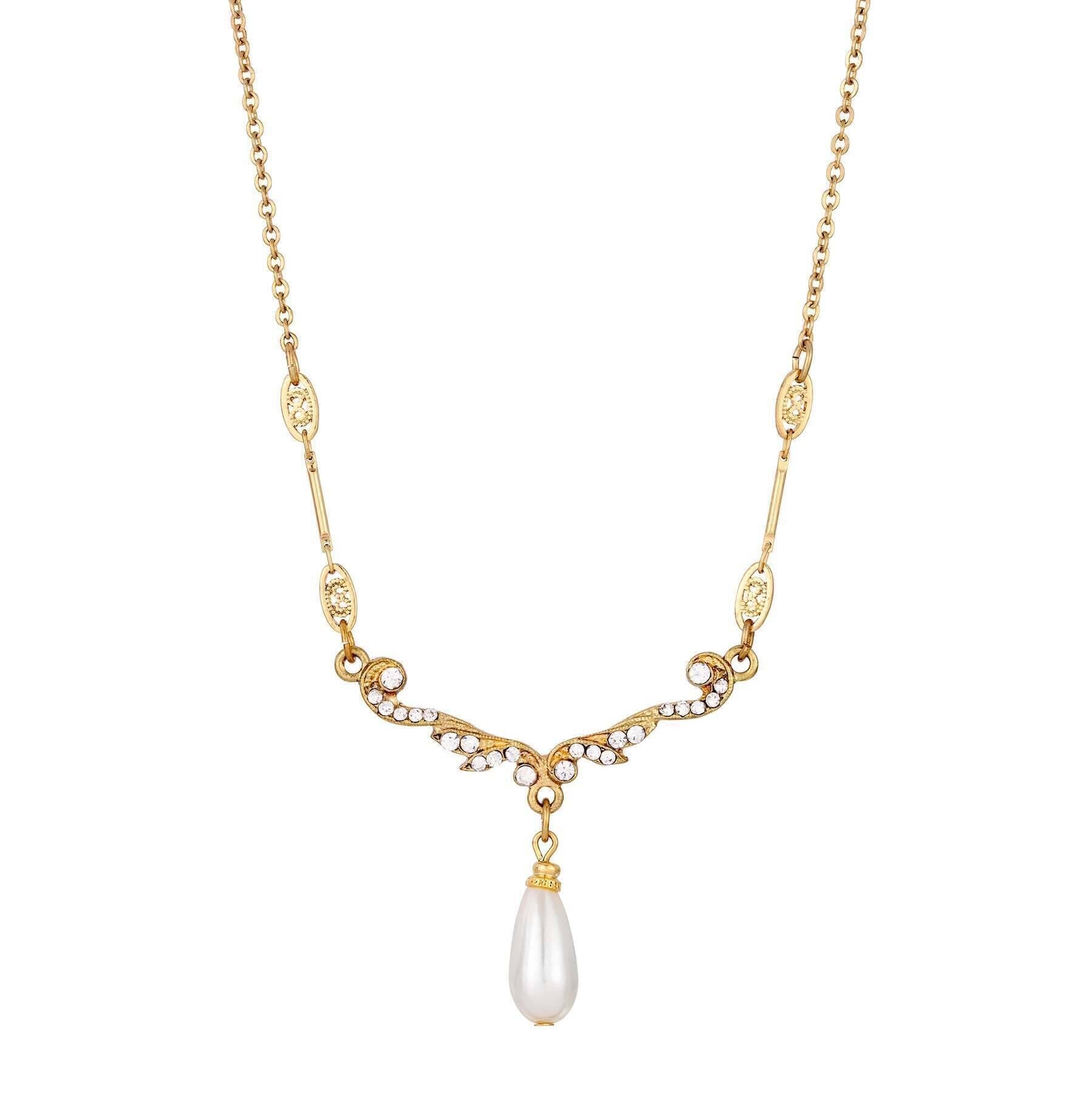 1928 Jewelry Belle Epoch Faux Pearl Teardrop Crystal Necklace 16" + 3" Extender
