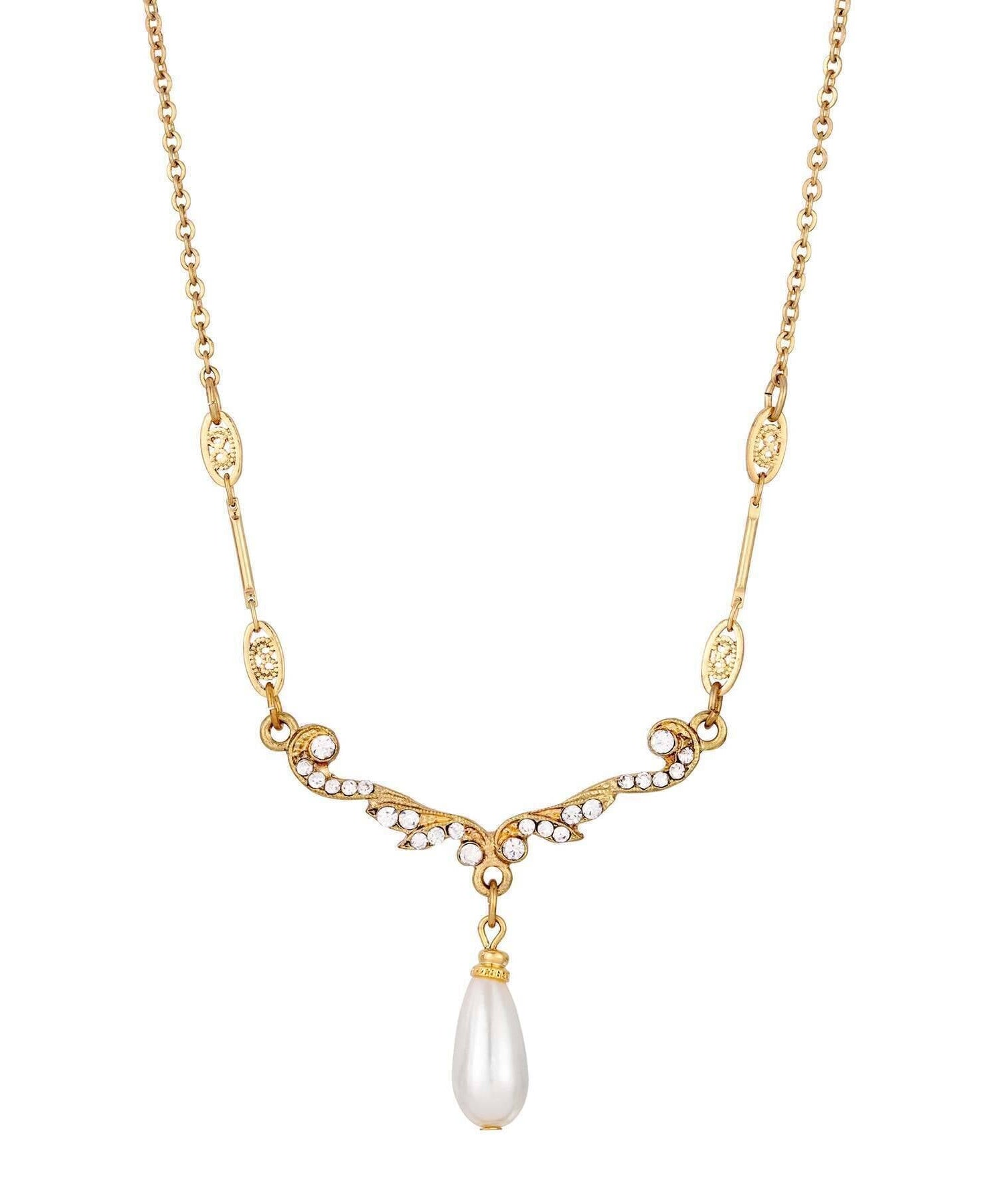 1928 Jewelry Belle Epoch Faux Pearl Teardrop Crystal Necklace 16" + 3" Extender