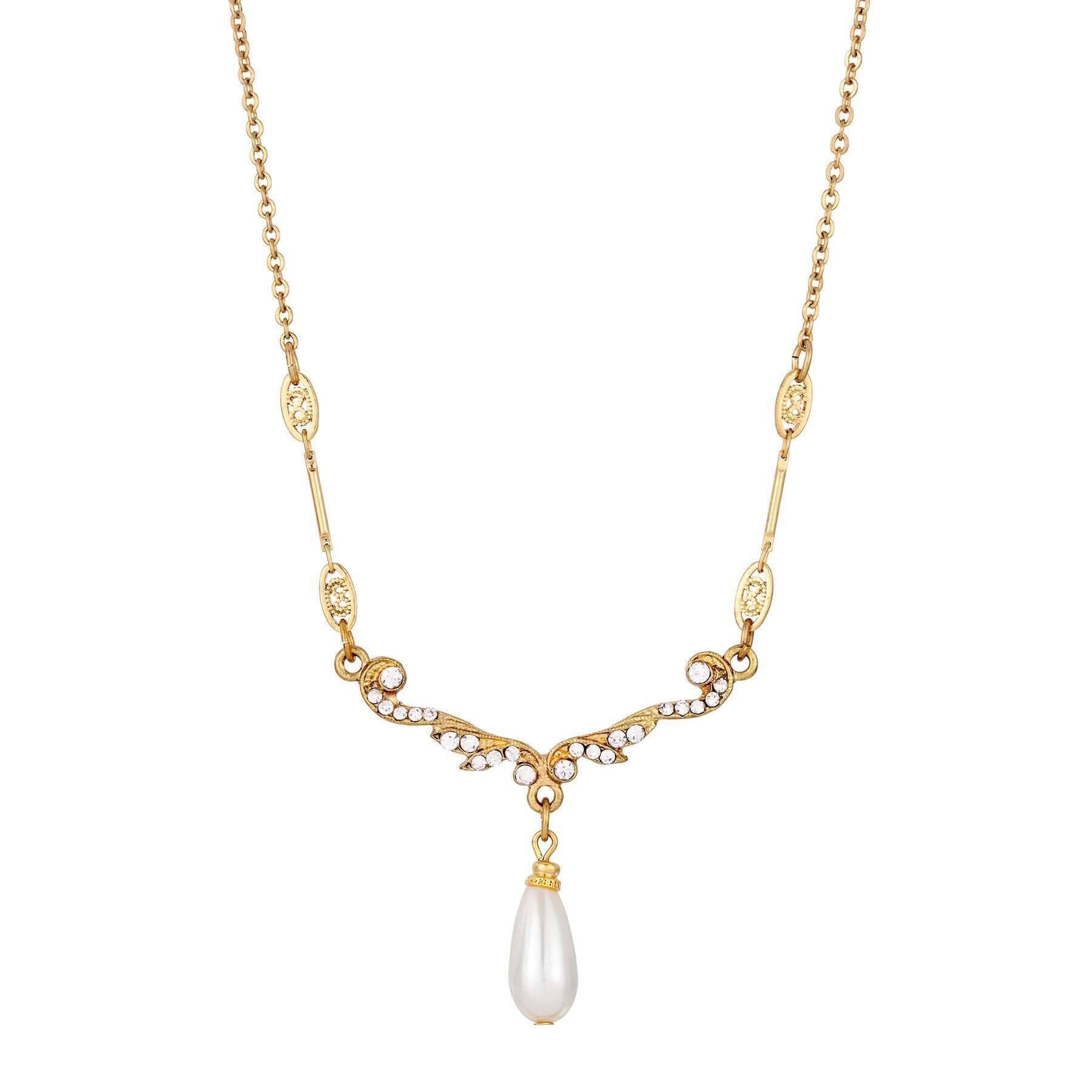 1928 Jewelry Belle Epoch Faux Pearl Teardrop Crystal Necklace 16" + 3" Extender