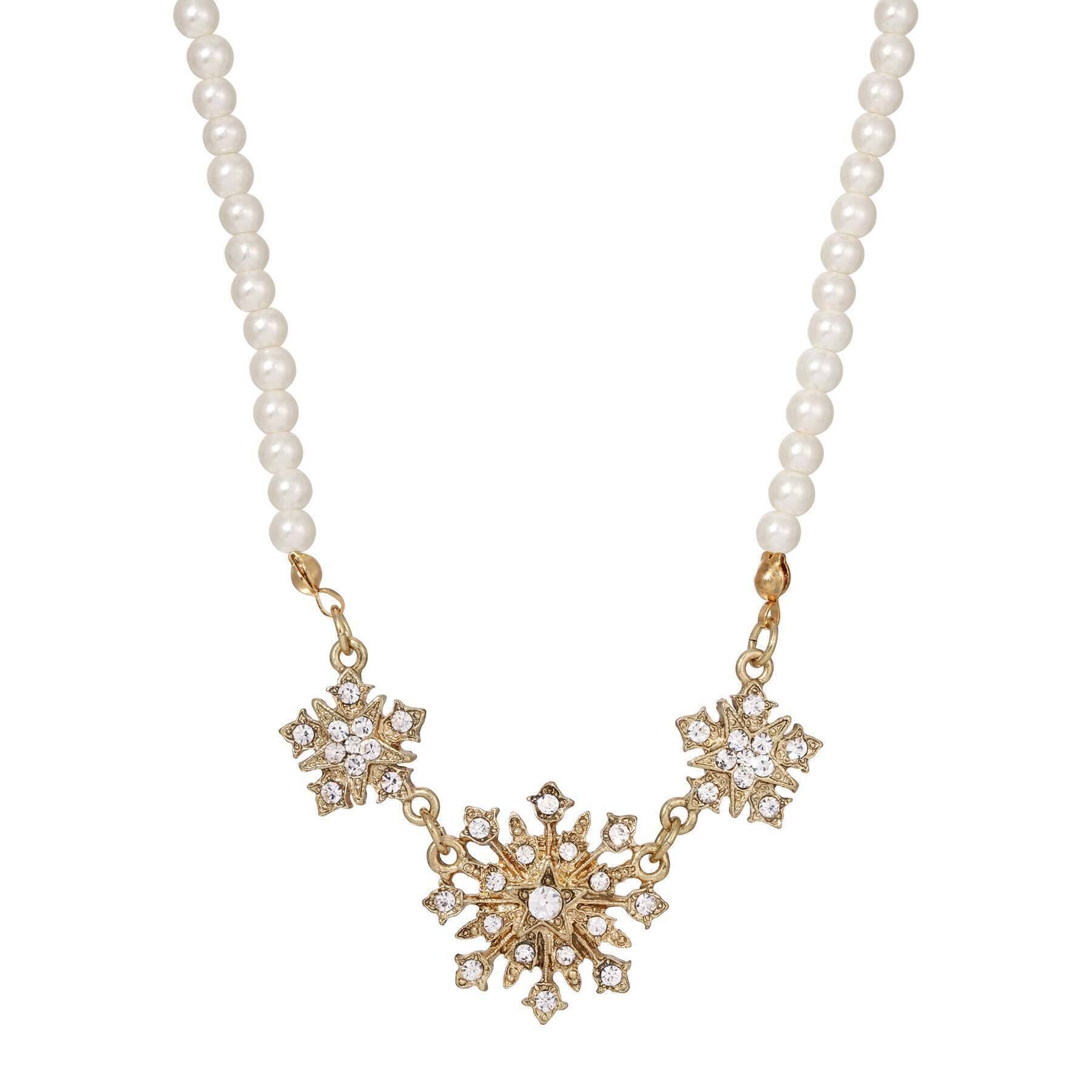 1928 Jewelry Bell Epoch Starburst Crystal 4mm Faux Pearl Strand Statement Necklace 16" + 3" Extender