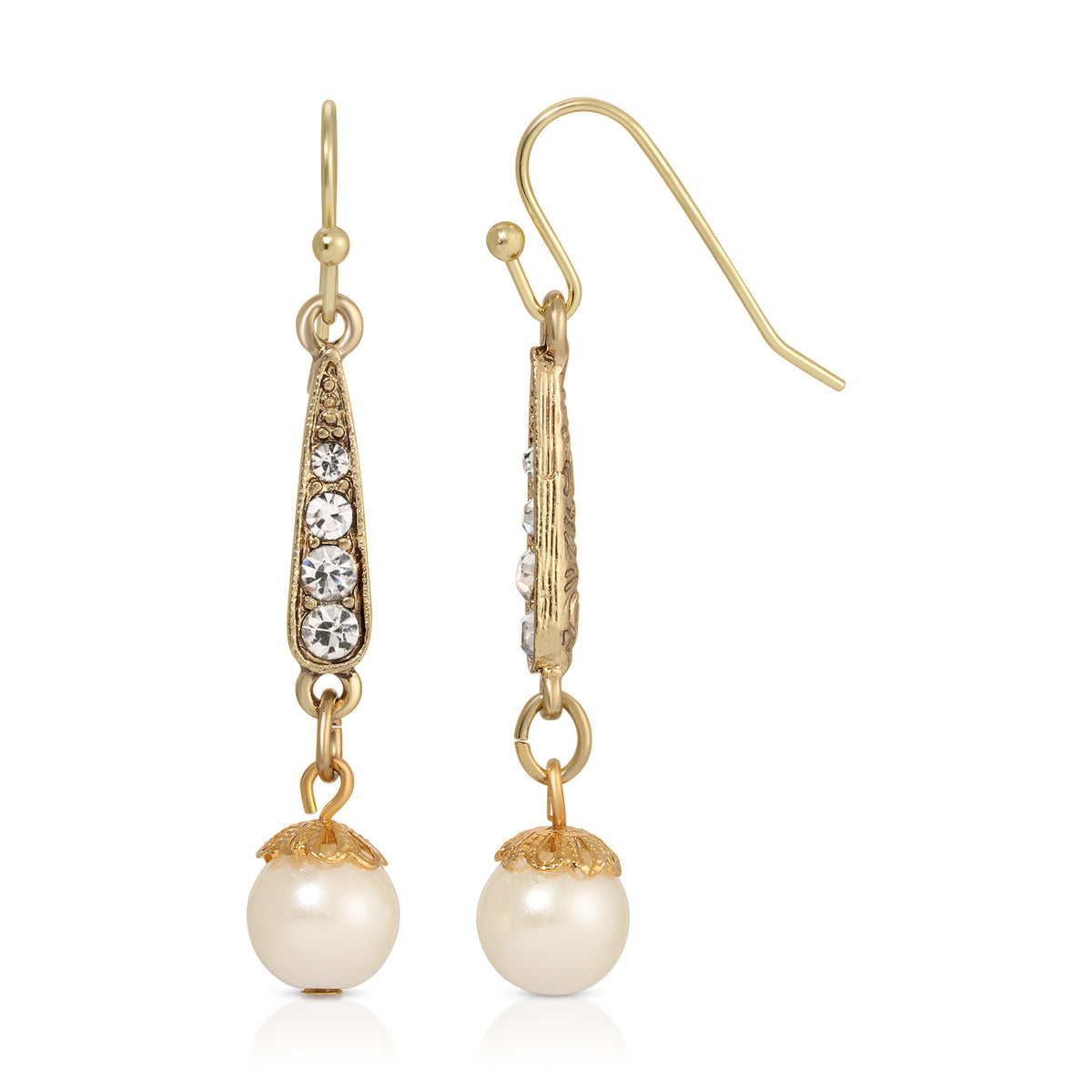 1928 Jewelry Deco Crystal Faux Pearl Dangling Earrings