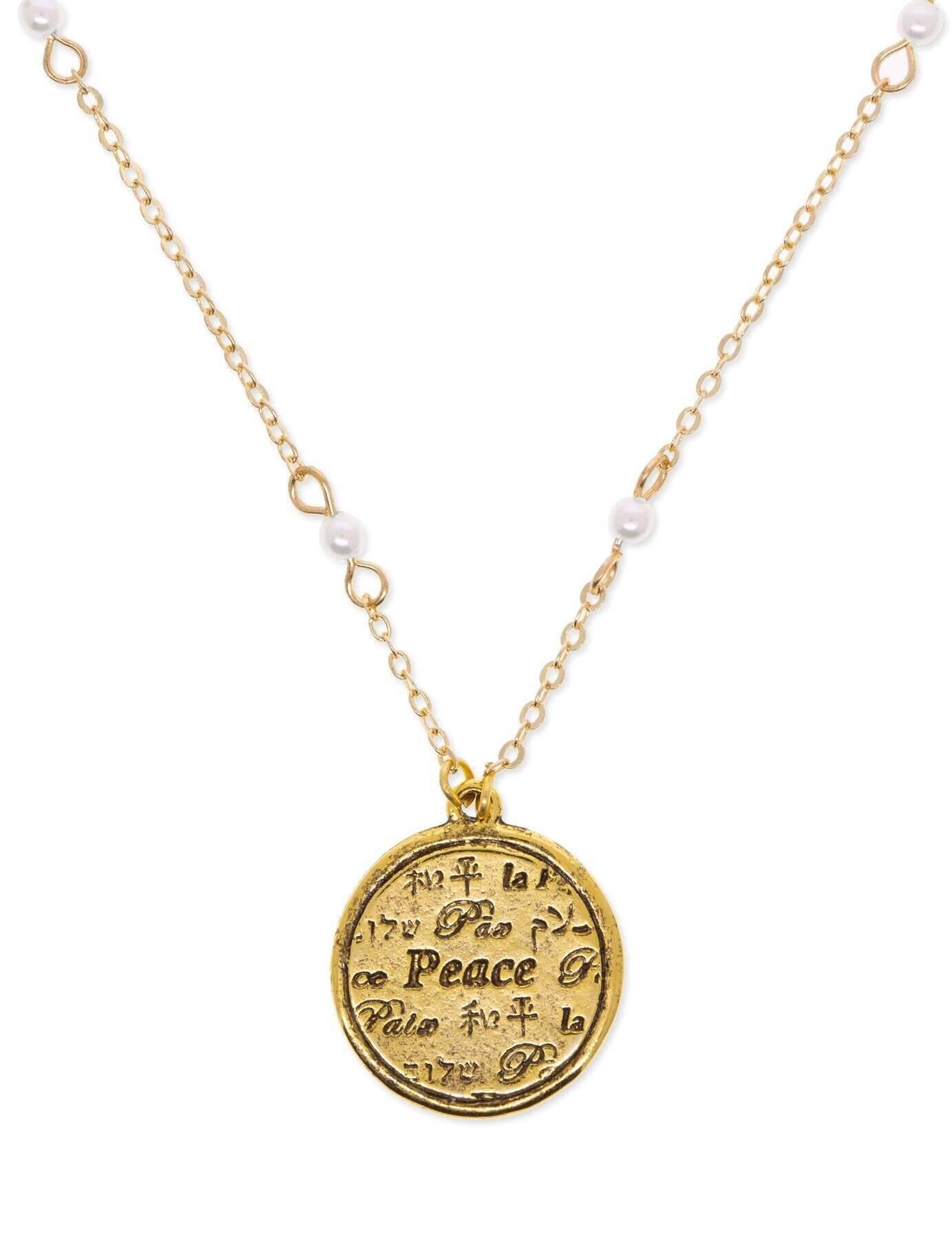 1928 Jewelry 3mm Faux Pearl Multilingual Peace Pendant Necklace 17" + 3" Extension