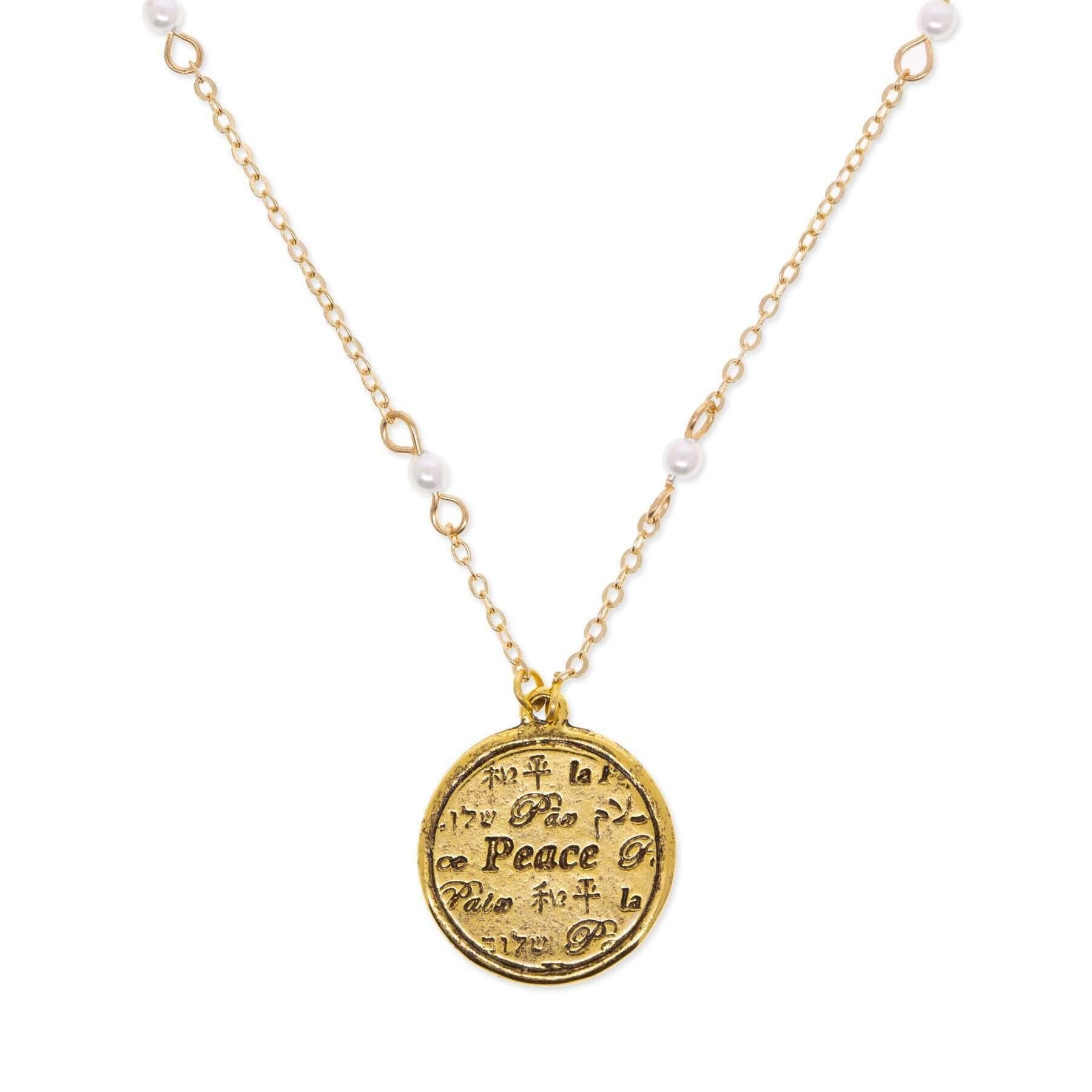 1928 Jewelry 3mm Faux Pearl Multilingual Peace Pendant Necklace 17" + 3" Extension