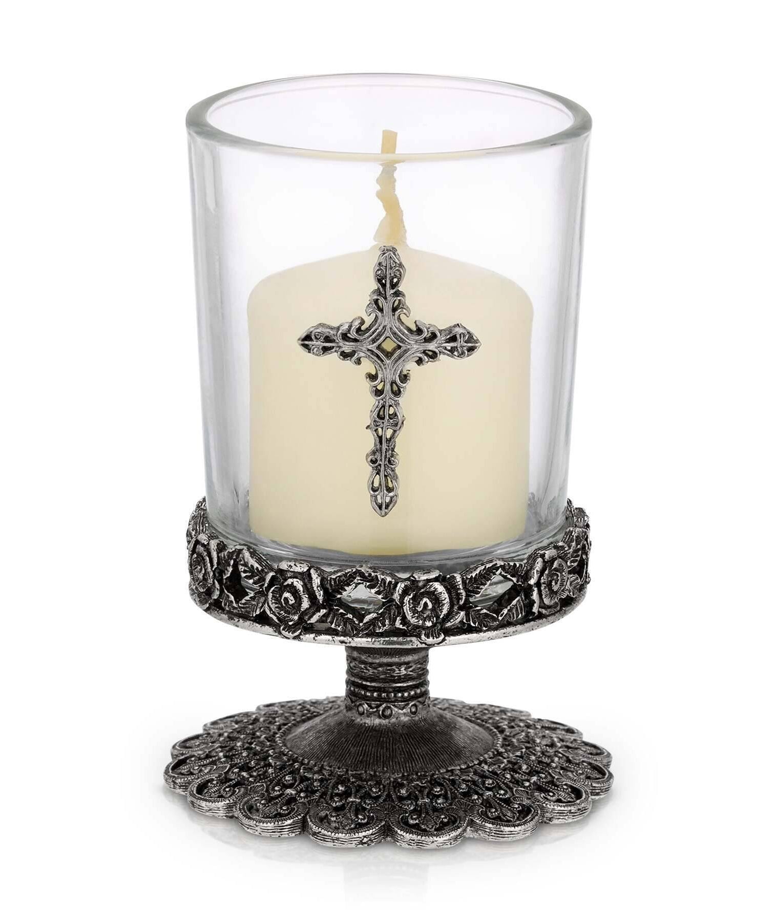 1928 Jewelry Deco Rose And Cross Glass Candle Holder