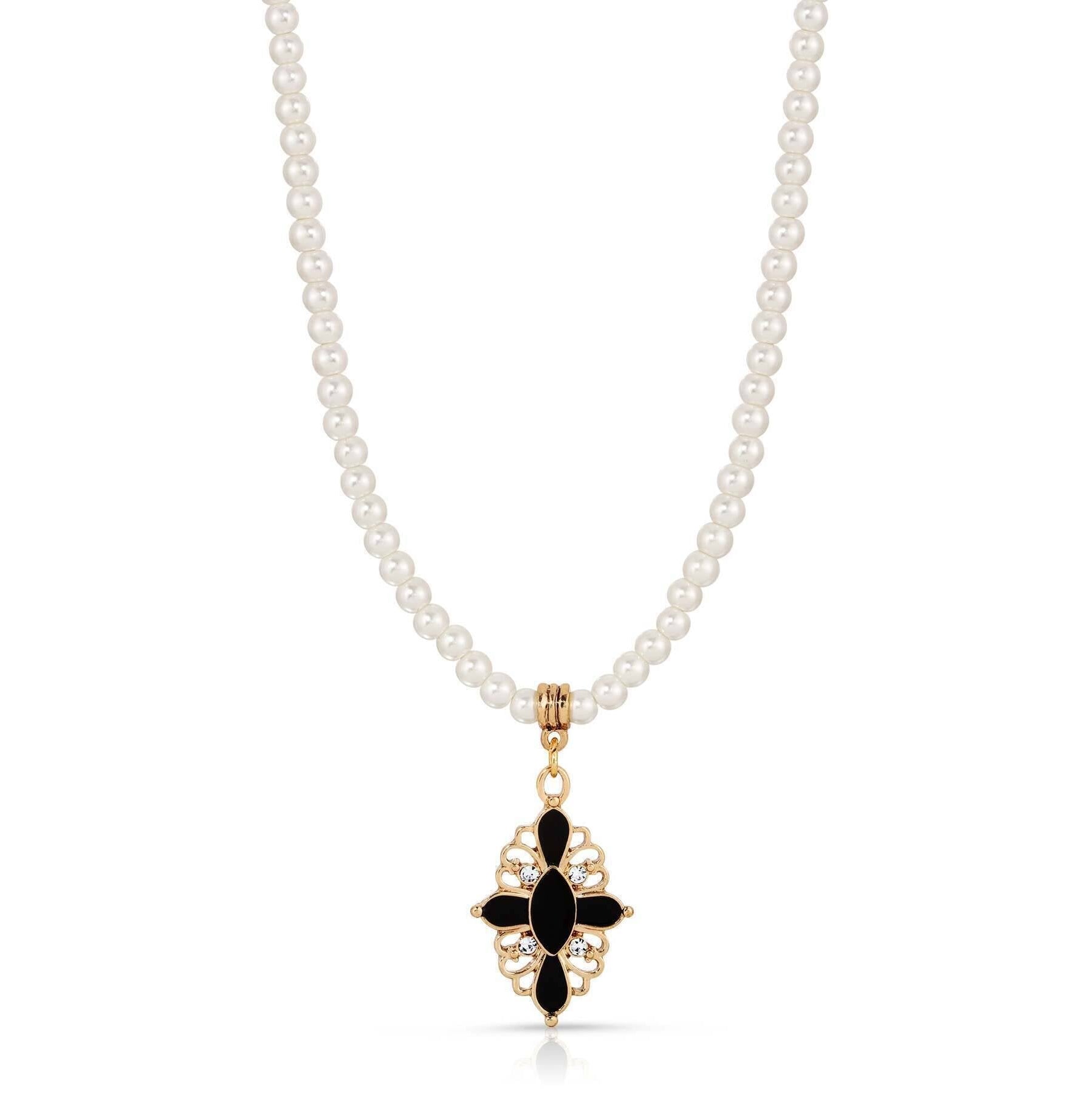 1928 Jewelry Enamel & Stone Black Cross 4mm Faux Pearl Strand Pendant Necklace 15"+ 3" Extender