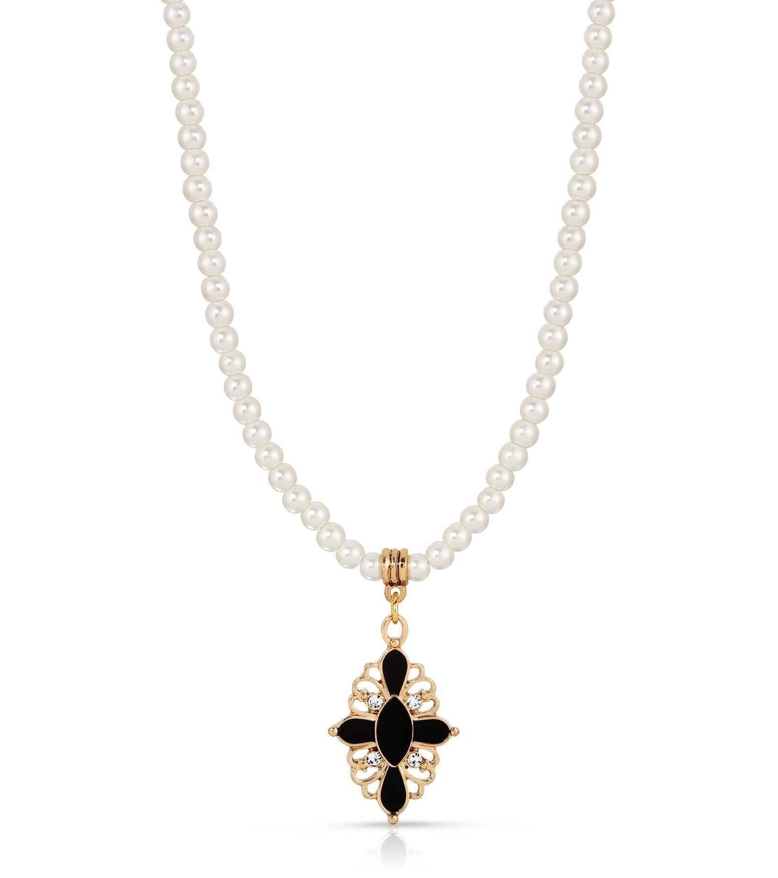 1928 Jewelry Enamel & Stone Black Cross 4mm Faux Pearl Strand Pendant Necklace 15"+ 3" Extender