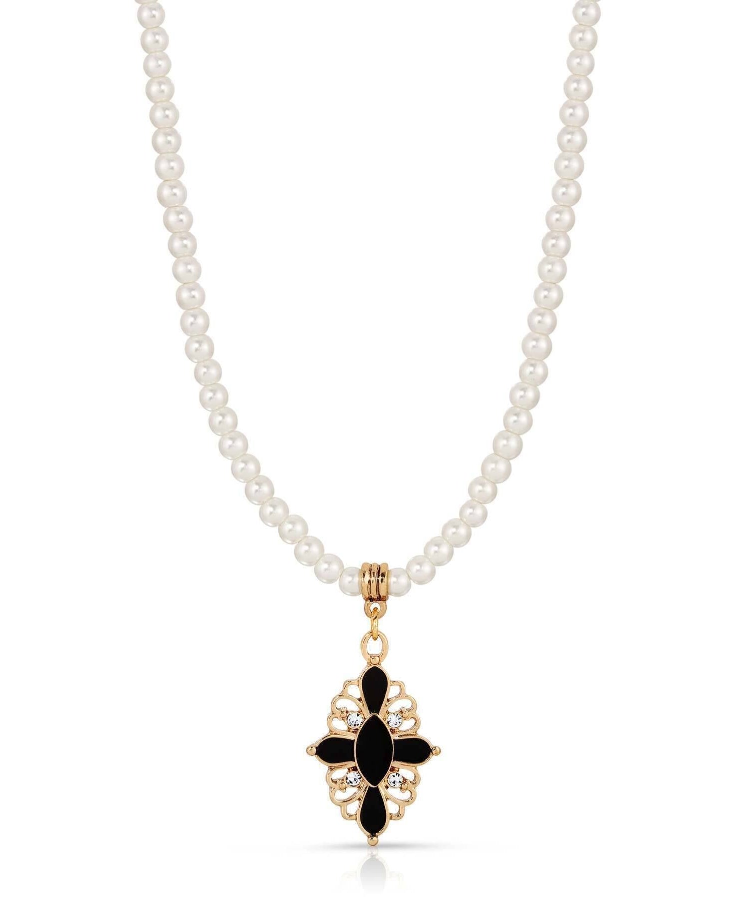 1928 Jewelry Enamel & Stone Black Cross 4mm Faux Pearl Strand Pendant Necklace 15"+ 3" Extender