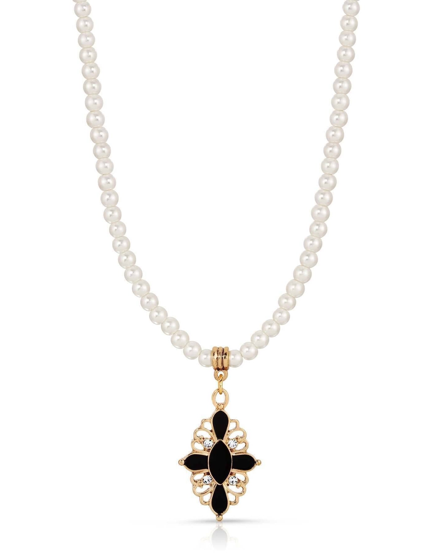 1928 Jewelry Enamel & Stone Black Cross 4mm Faux Pearl Strand Pendant Necklace 15"+ 3" Extender