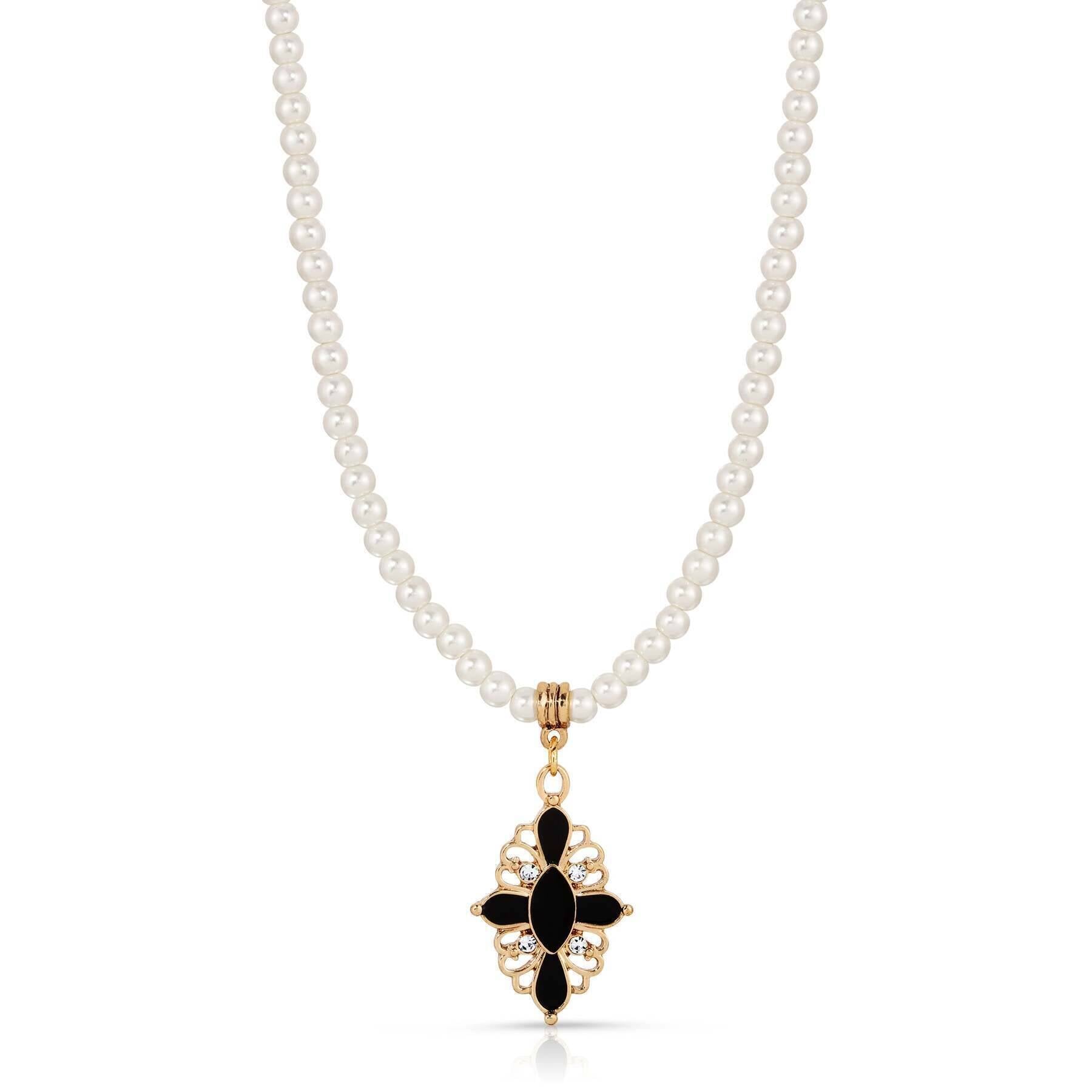 1928 Jewelry Enamel & Stone Black Cross 4mm Faux Pearl Strand Pendant Necklace 15"+ 3" Extender