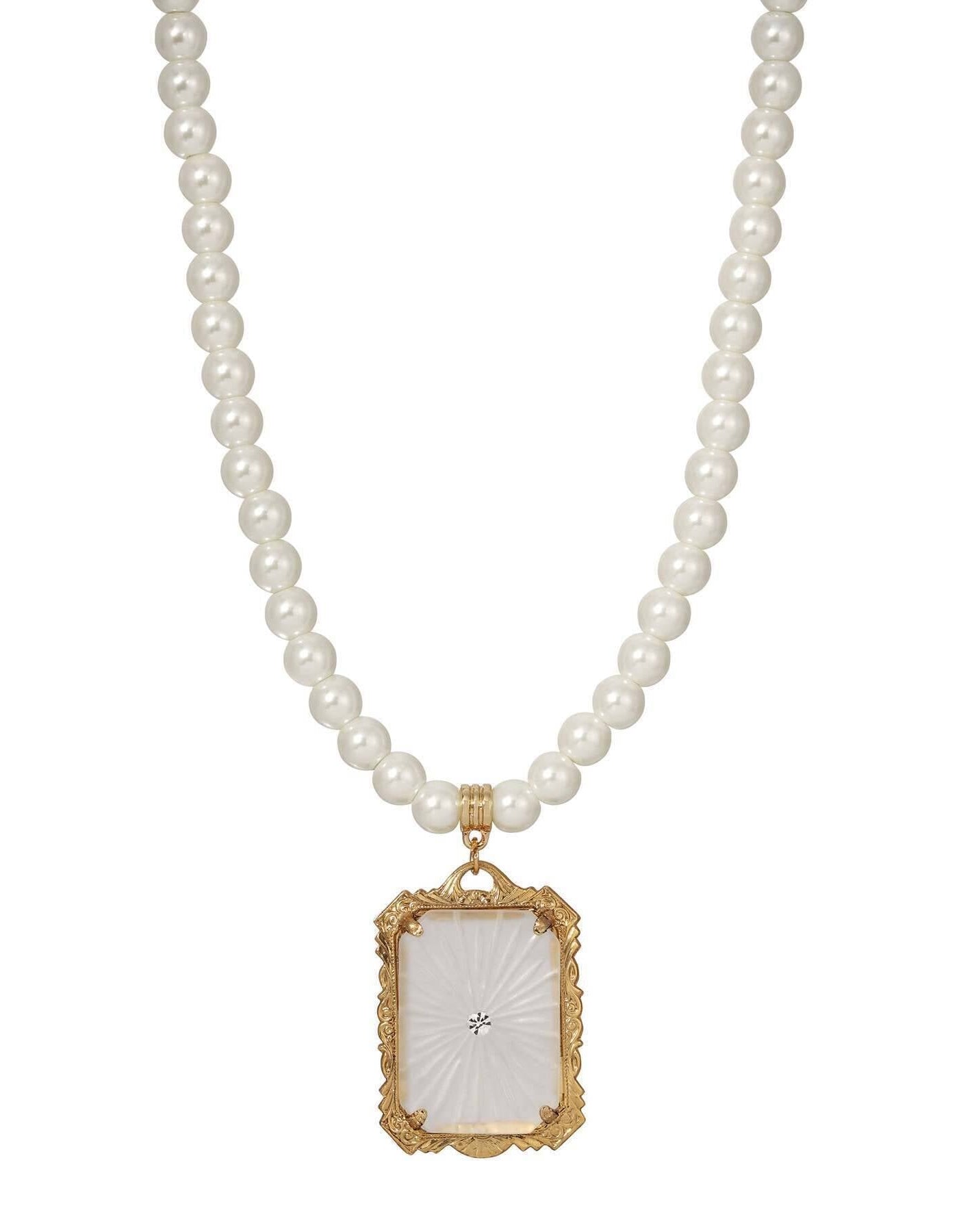 1928 Jewelry Frosted Lalique Glass Pendant 6mm Faux Pearl Strand Necklace 16" + 3" Extender