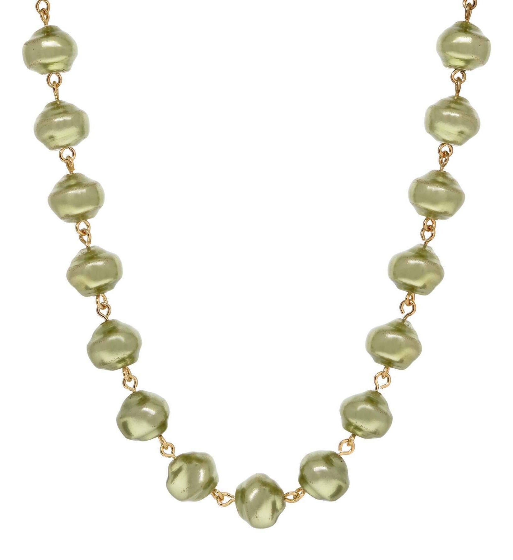 1928 Jewelry Palm Frond Green Glass Bead Necklace 15" + 3" Extender