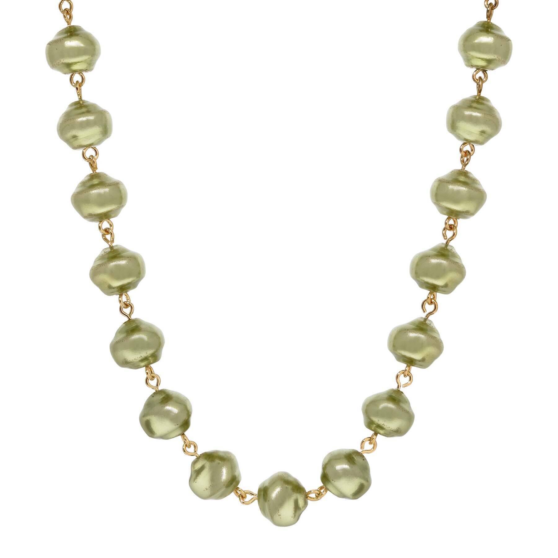 1928 Jewelry Palm Frond Green Glass Bead Necklace 15" + 3" Extender