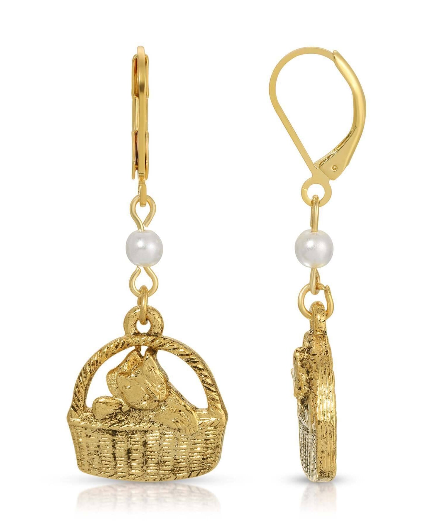 1928 Jewelry Faux Pearl Gold Cat In Handbasket Dangling Earrings