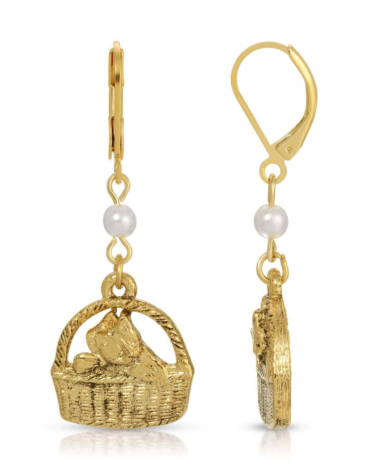 1928 Jewelry Faux Pearl Gold Cat In Handbasket Dangling Earrings