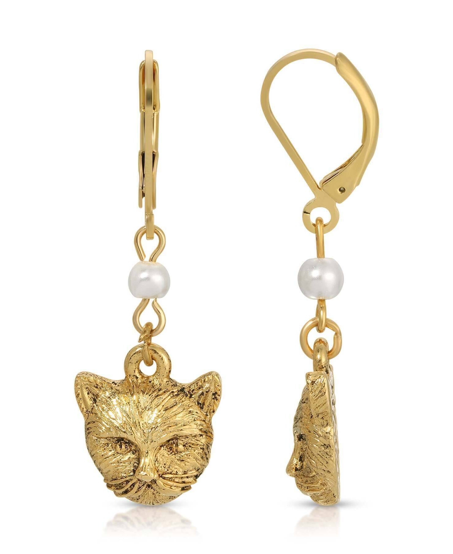 1928 Jewelry Faux Pearl Gold Cat Dangling Earrings