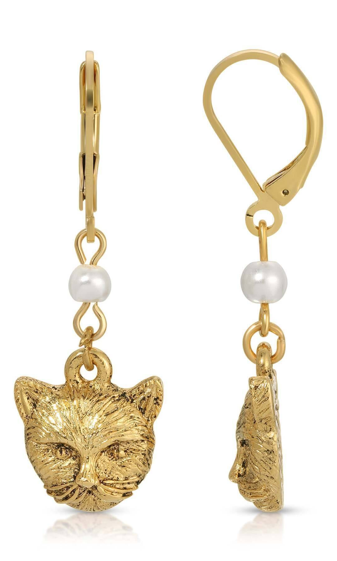 1928 Jewelry Faux Pearl Gold Cat Dangling Earrings