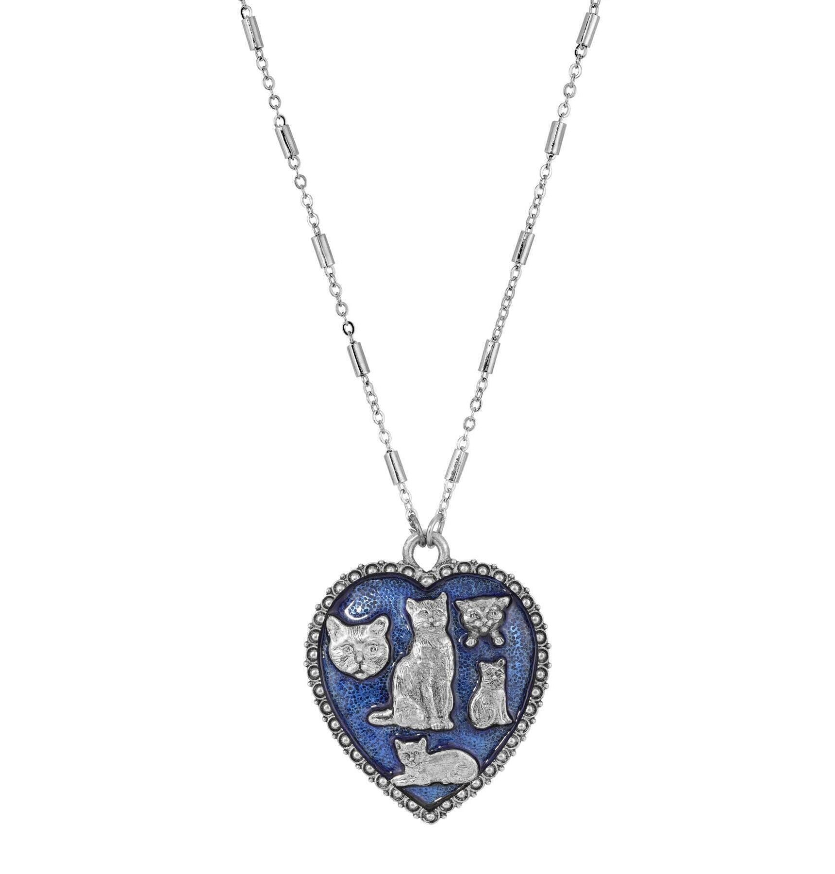 1928 Jewelry Blue Enamel Heart Clowder Of Cats Pendant Necklace 28"L