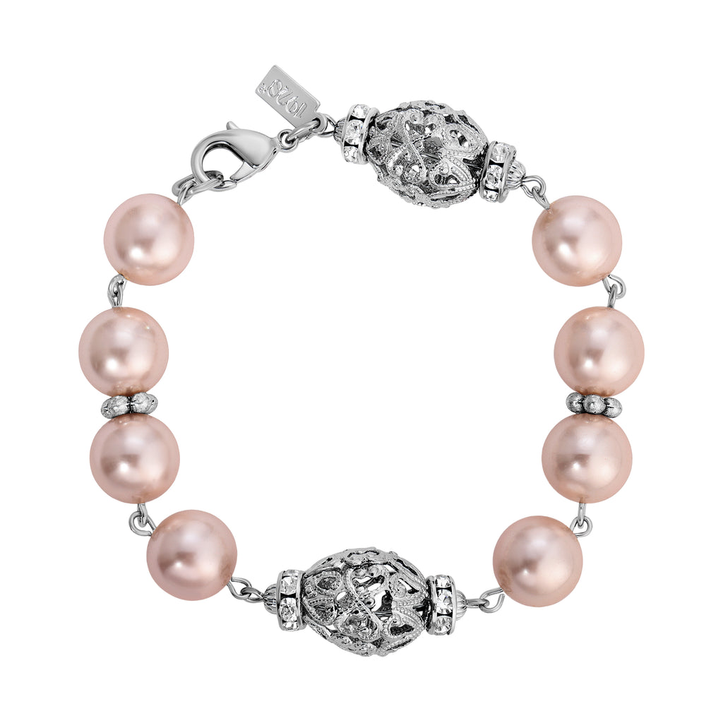 Oval Filigree Crystal Bead Faux Pearl Bracelet