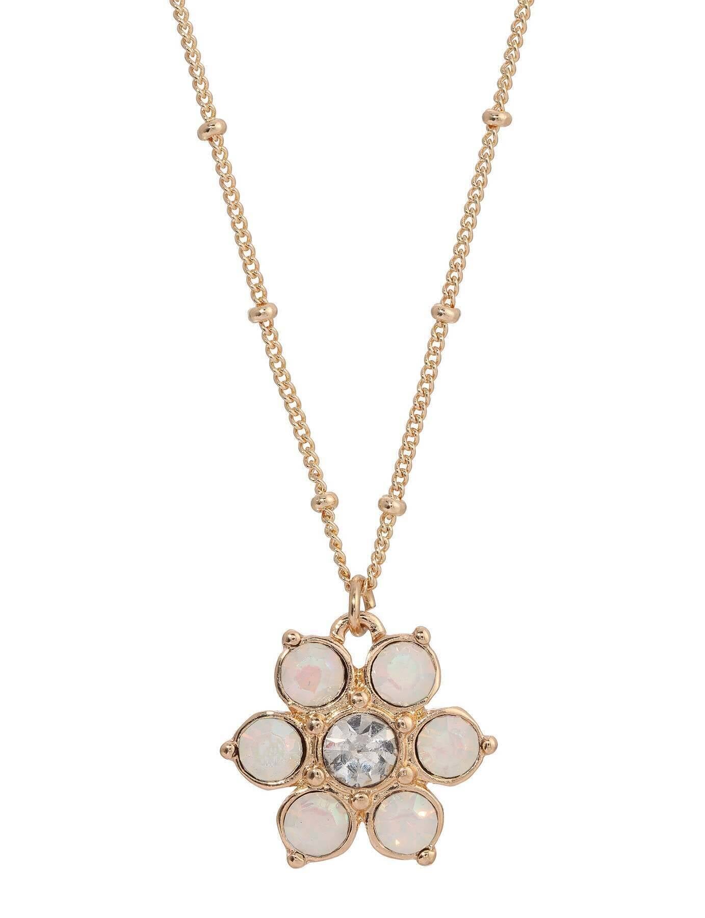 1928 Jewelry Opal Radiance Stone & Crystal Flower Pendant Necklace 16" + 3" Extension