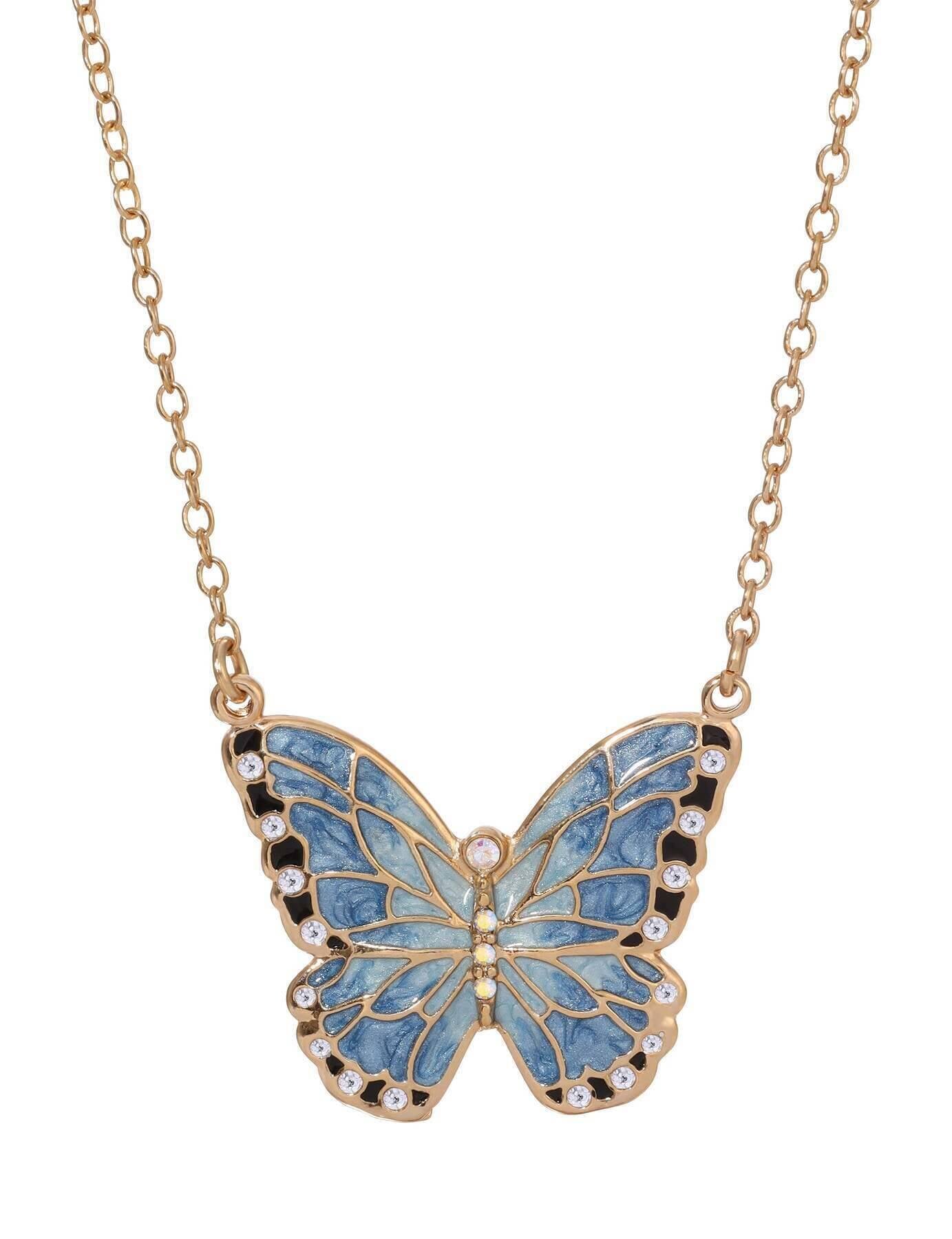 1928 Jewelry Blue Enamel Crystal Butterfly Pendant Necklace 18" + 3" Extender
