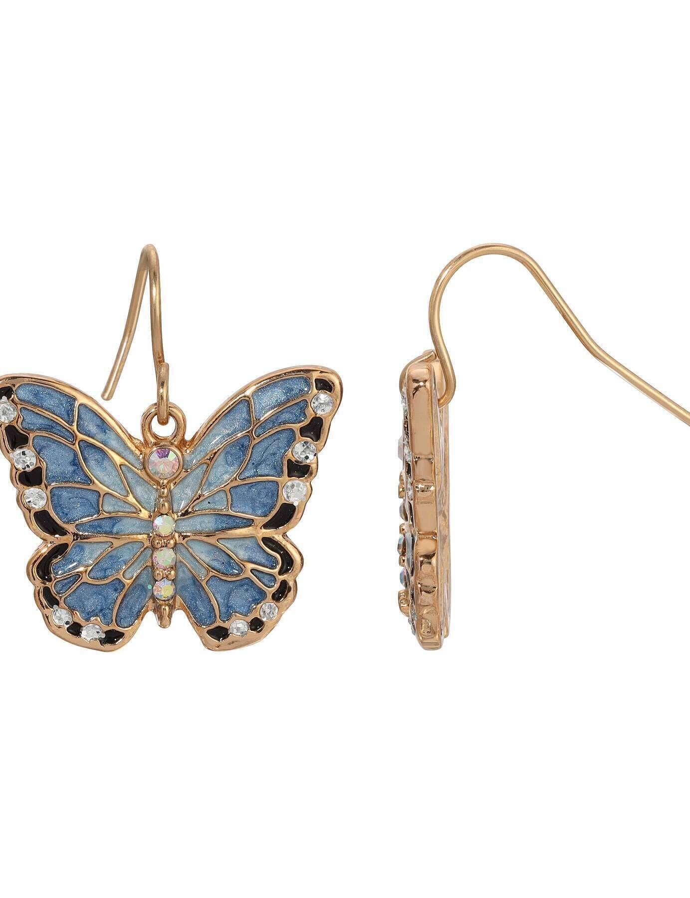 1928 Jewelry Blue Enamel Crystal Butterfly Drop Earrings