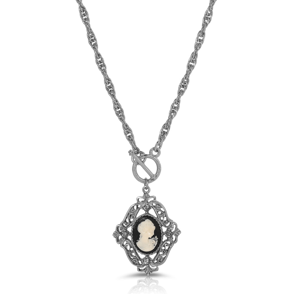 Victorian Filigree Crystal Black & White Cameo Pendant Necklace 26"