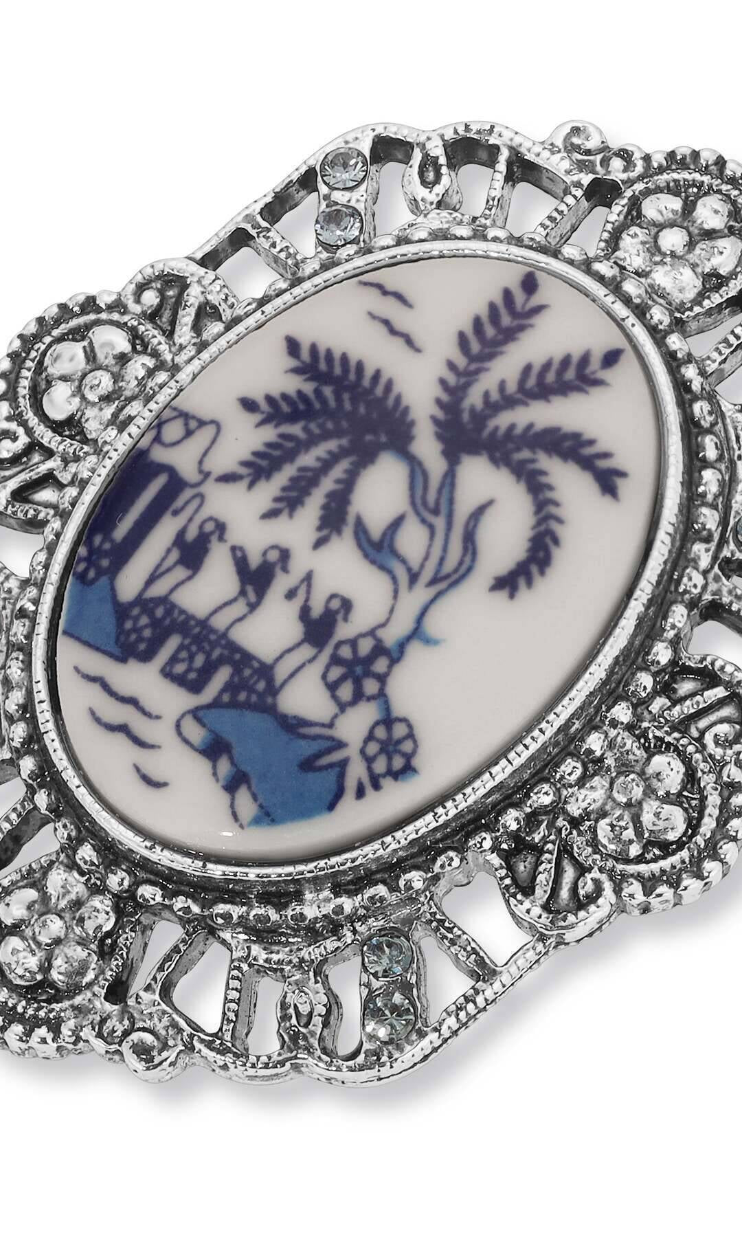 1928 Jewelry Blue Willow Light Sapphire Crystal Oval Flower Brooch Pin