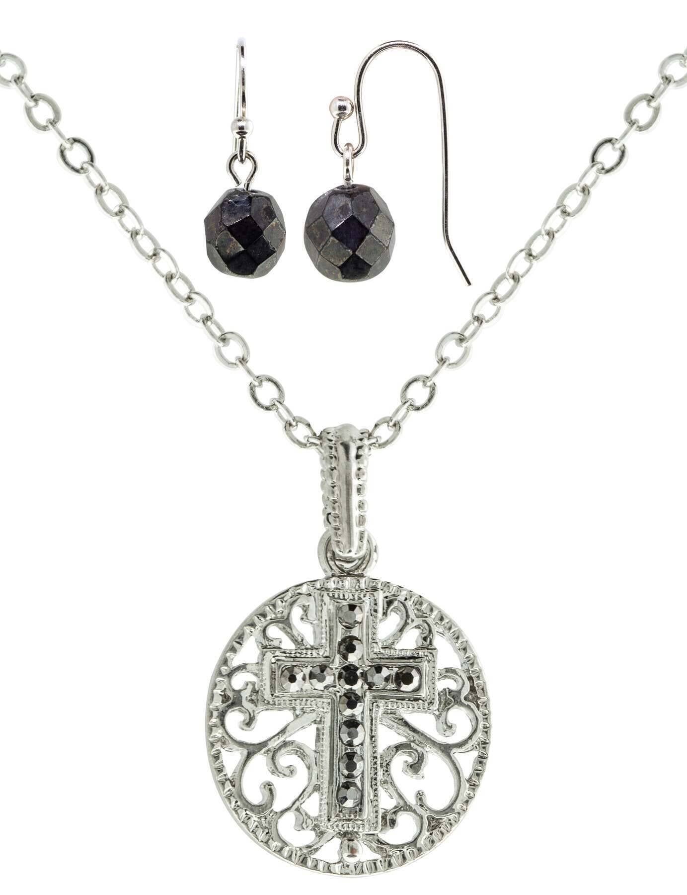 1928 Jewelry Round Filigree Hematite Cross Pendant Necklace & Earrings Set