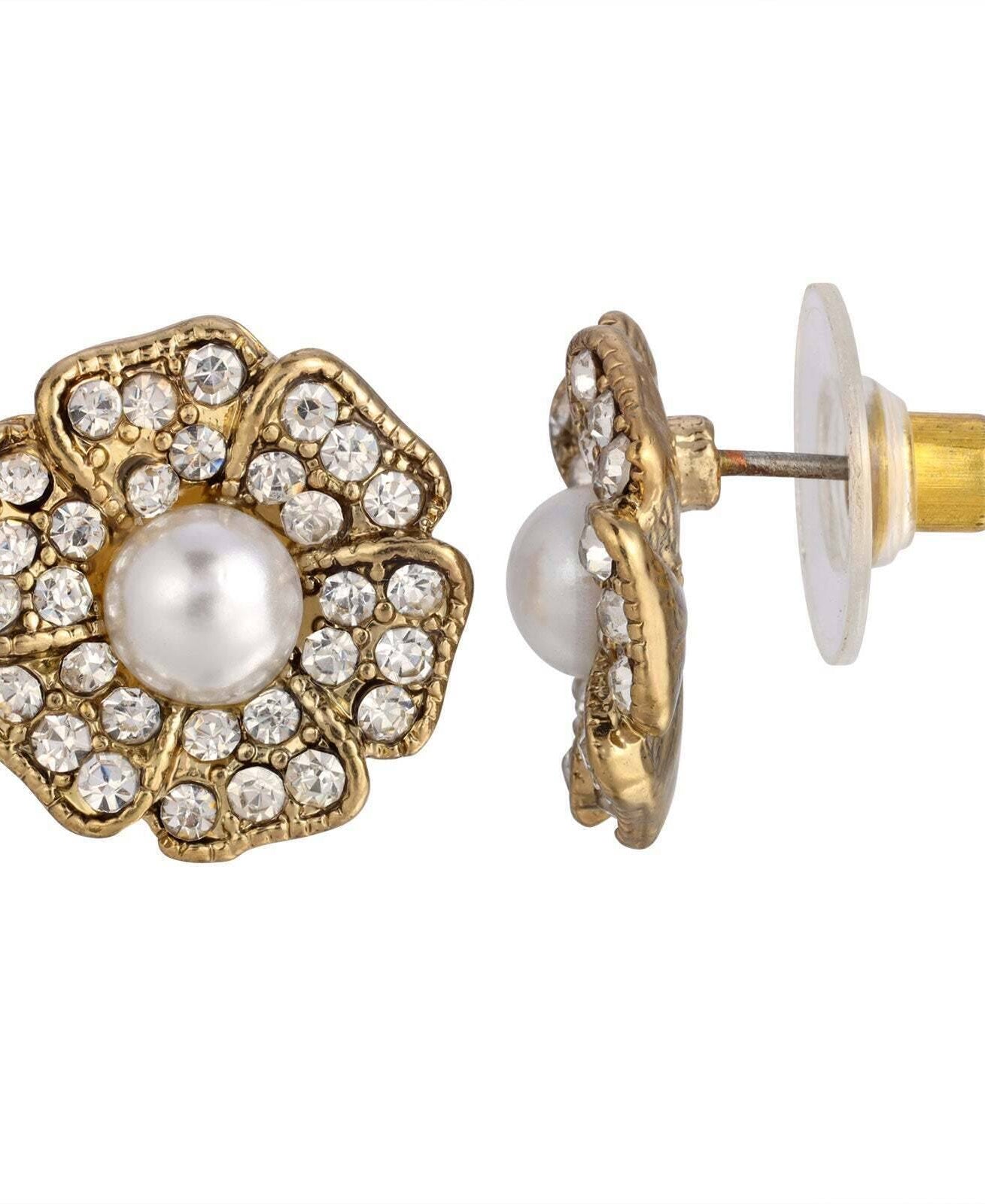 1928 Jewelry Clear Crystal And Faux Pearl Flower Button Earrings