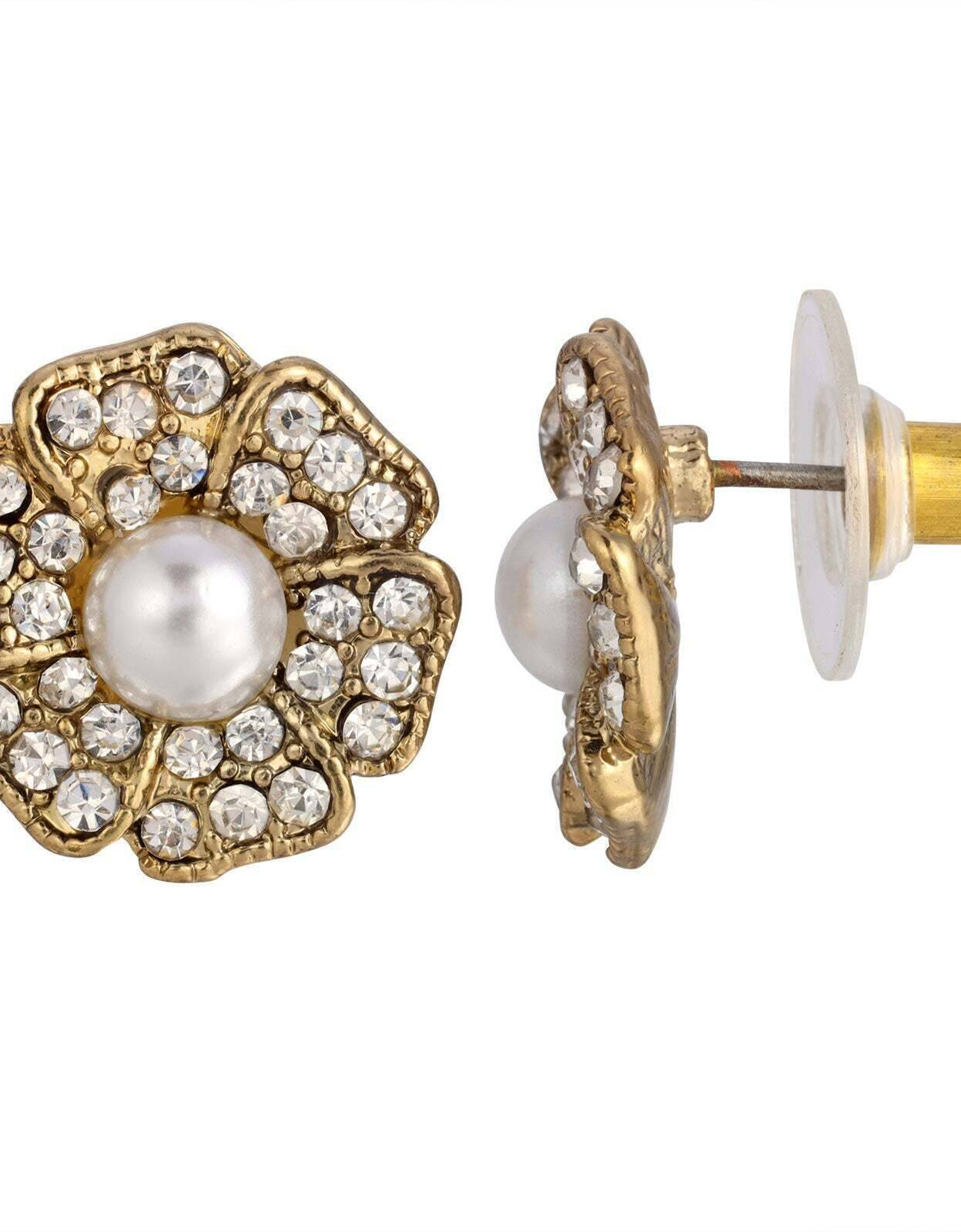 1928 Jewelry Clear Crystal And Faux Pearl Flower Button Earrings