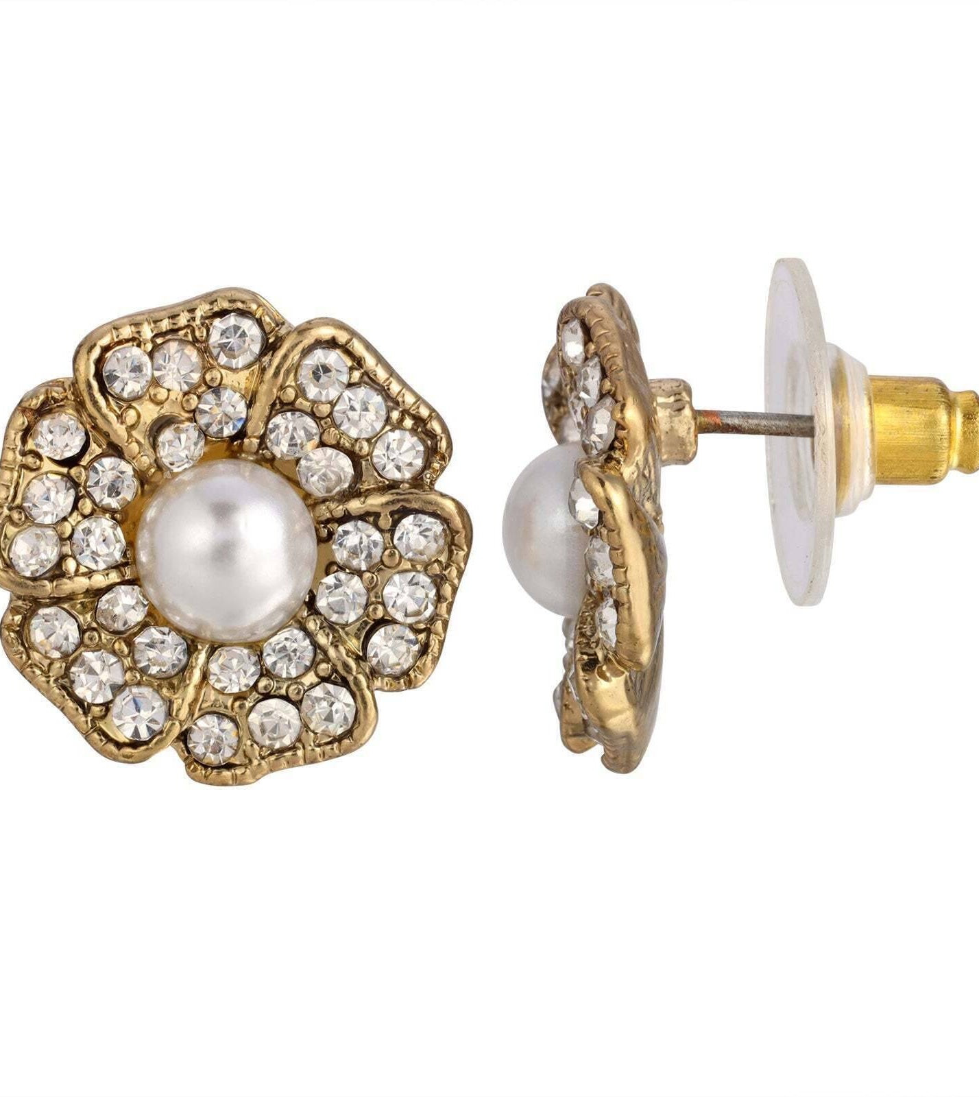 1928 Jewelry Clear Crystal And Faux Pearl Flower Button Earrings