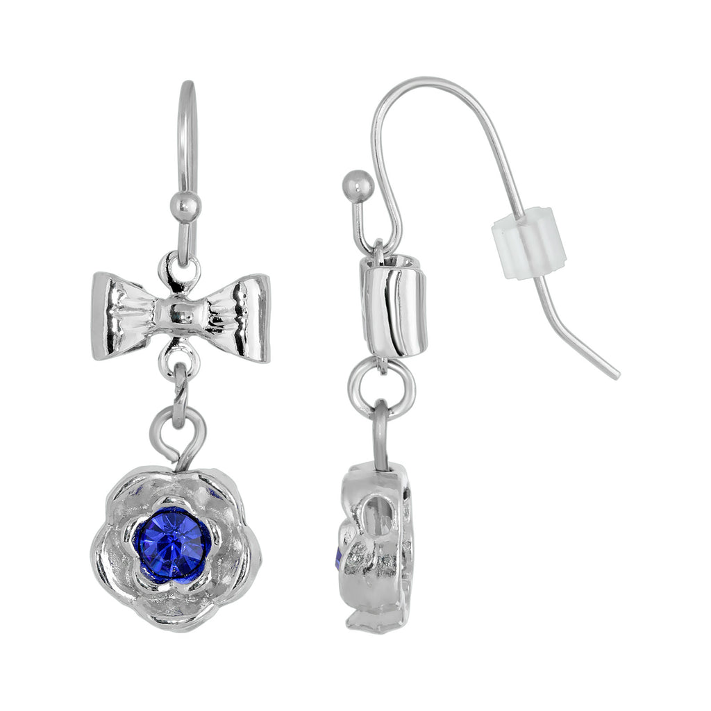 Silver Tone Flower Crystal Bow Drop Earrings