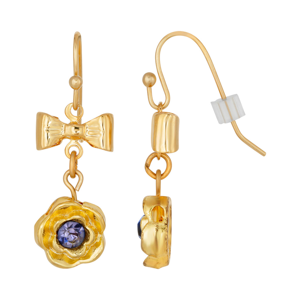 Gold Tone Flower Crystal Bow Drop Earrings