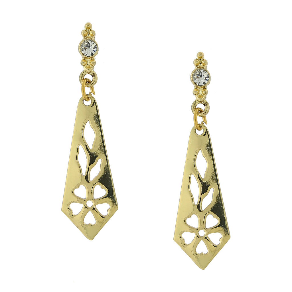 Gold Tone Cutout Drop Earrings With Crystal Post Accents