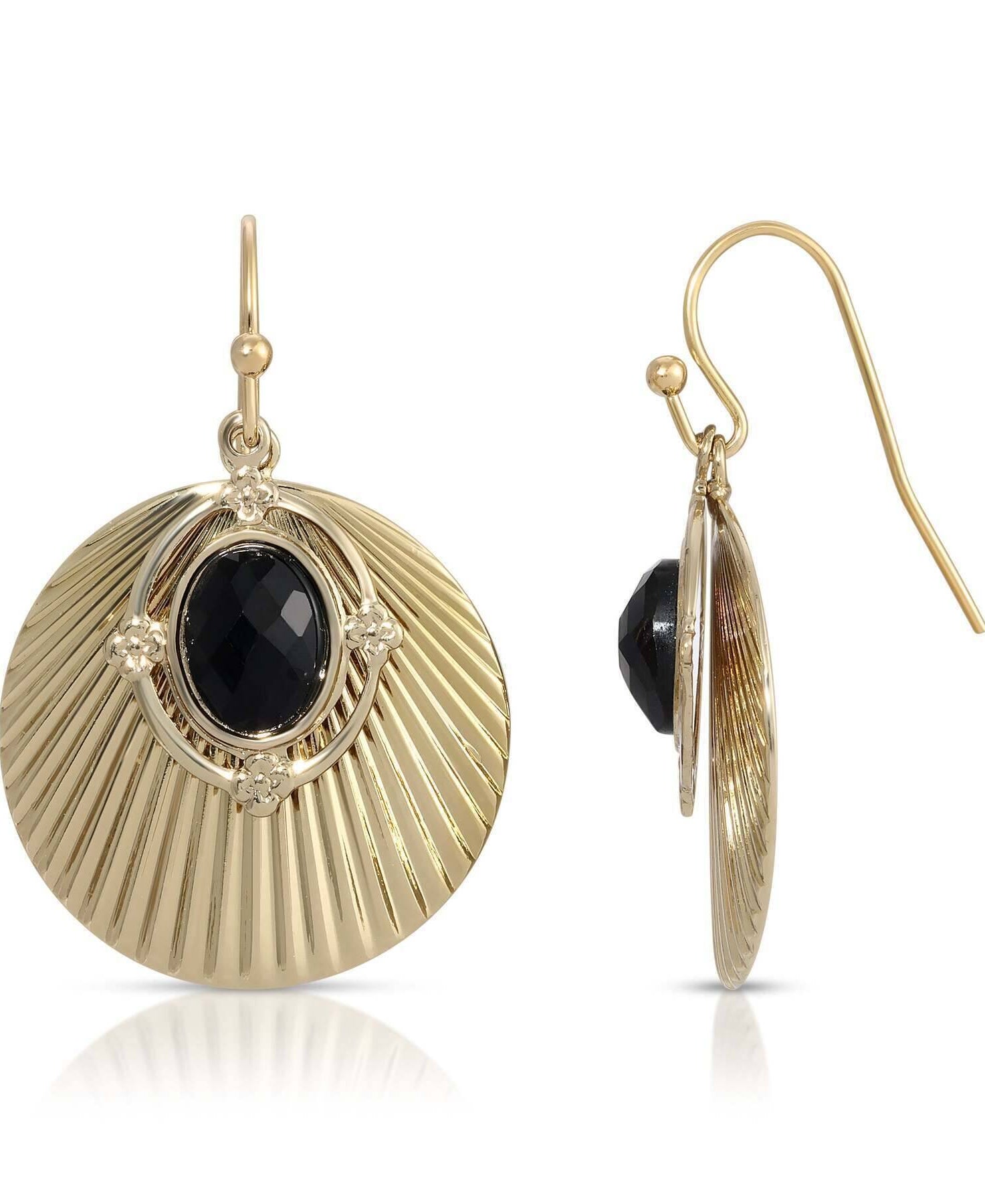 1928 Jewelry Gold Corrugated Shell & Oval Black Oval Stone Drop Earrings